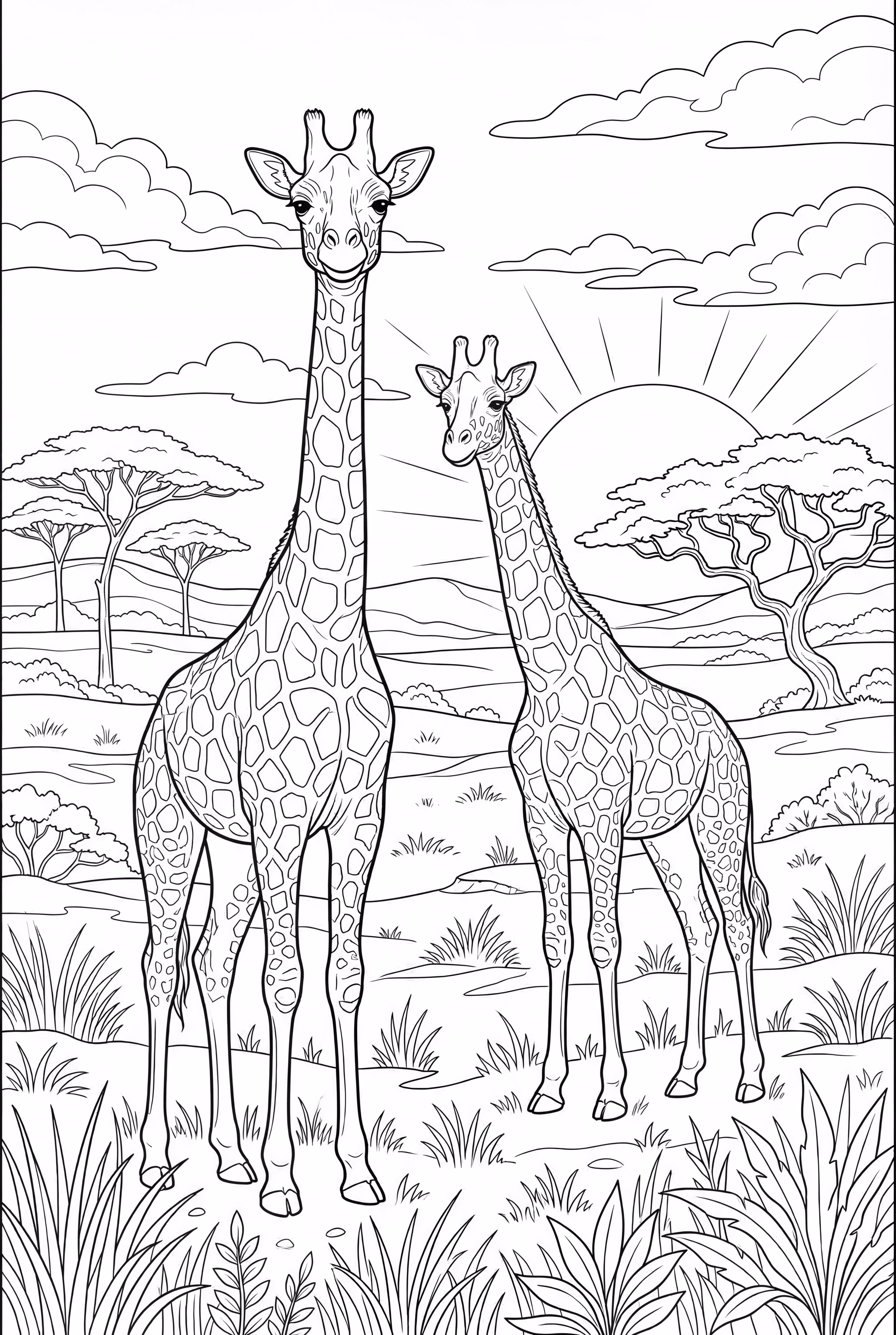 Giraffes in the savanna at sunset