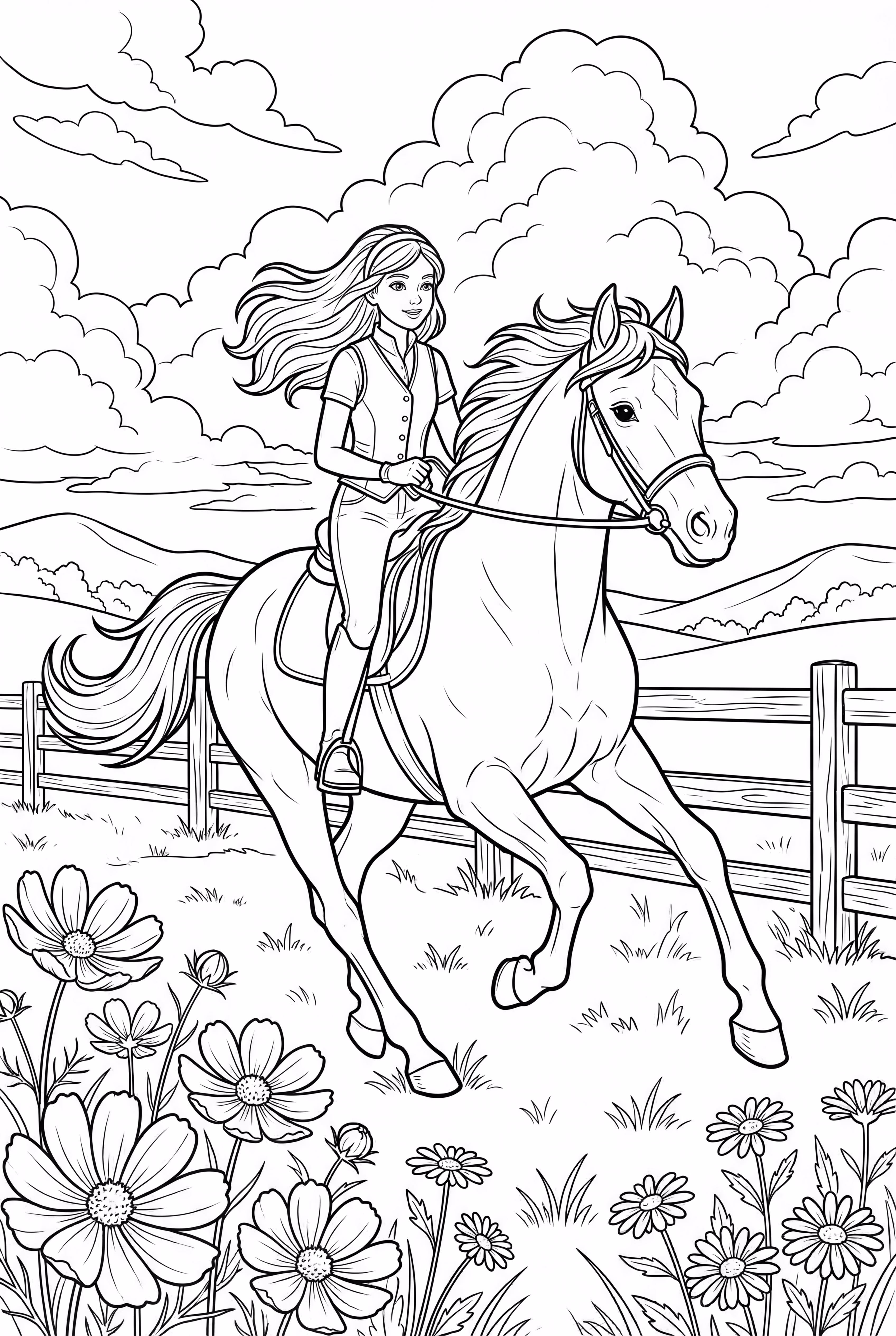 Girl Riding a Horse in a Field