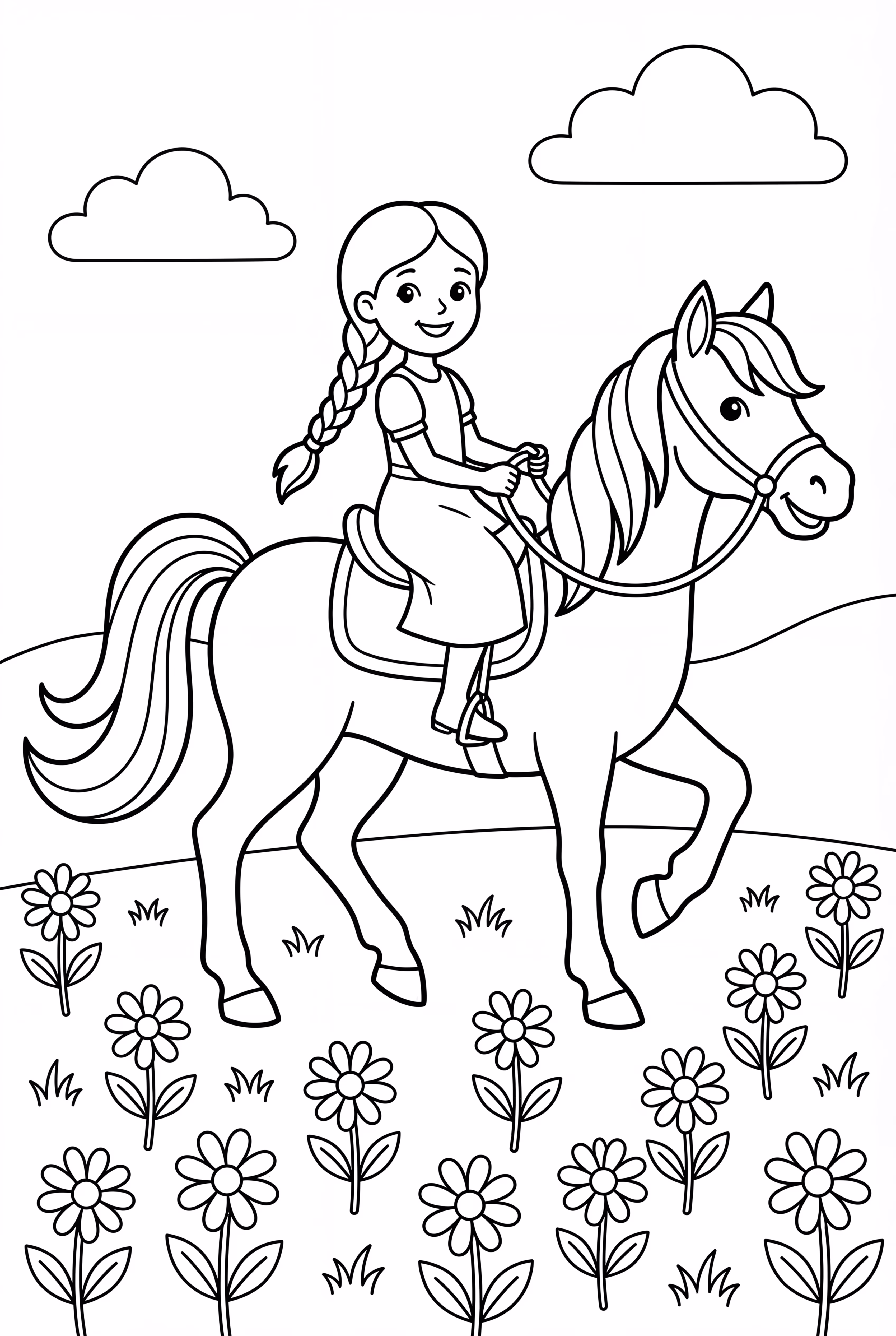 Girl Riding Horse Through Flower Field