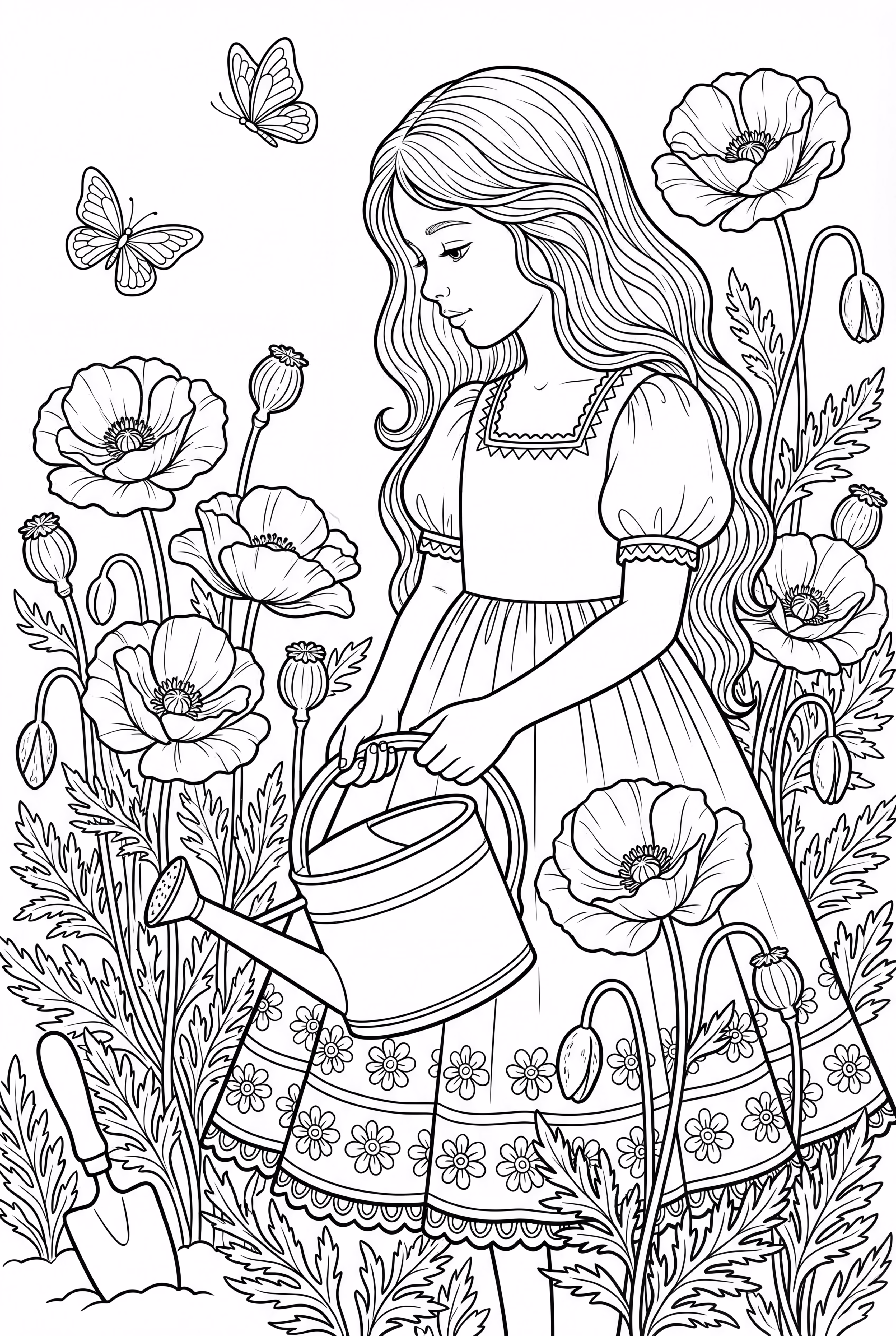 Girl Watering A Poppy Flower Garden