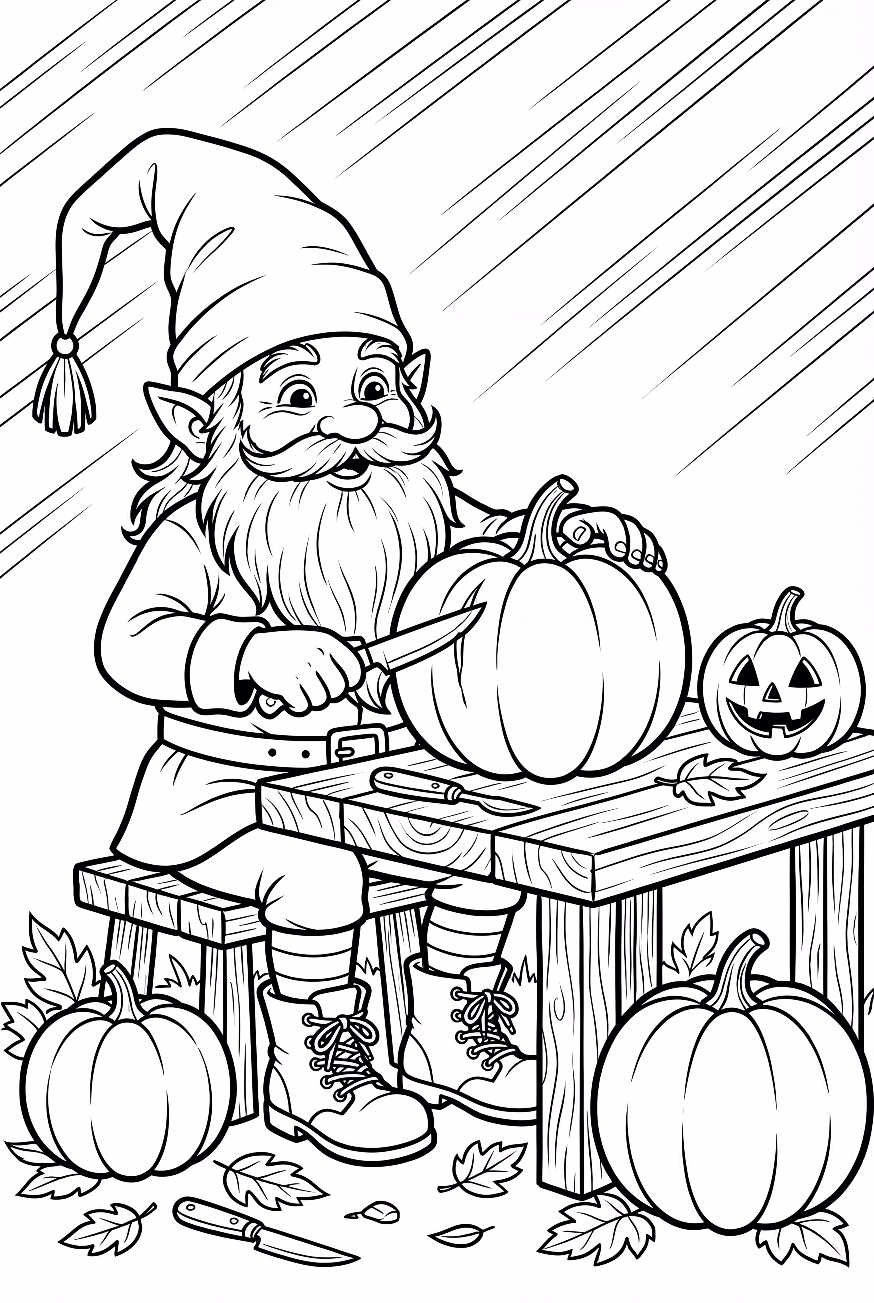 Gnome Carving a Halloween Pumpkin with Joy