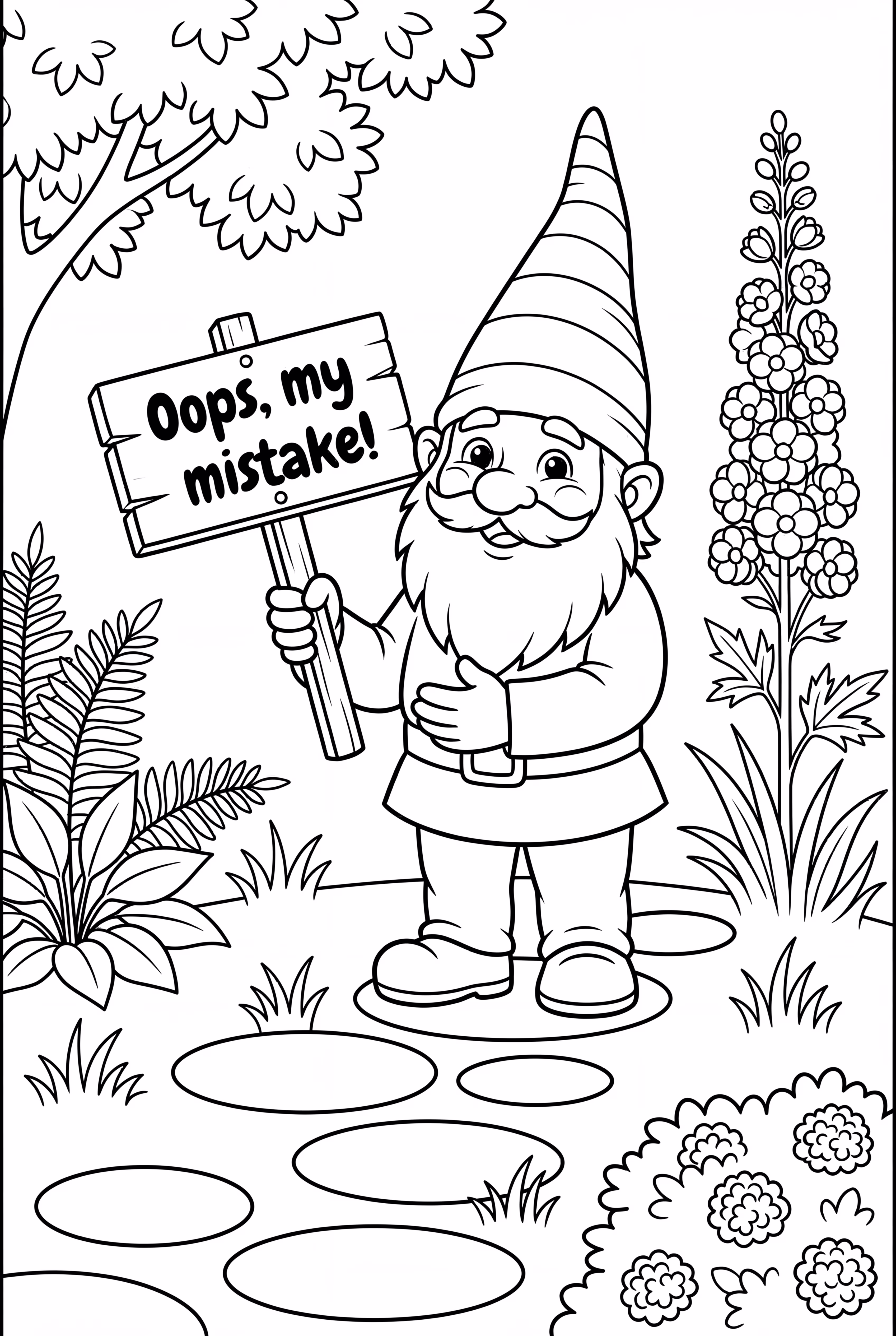 Gnomos sosteniendo un cartel de disculpas que dice '¡Ups, fue mi error!'