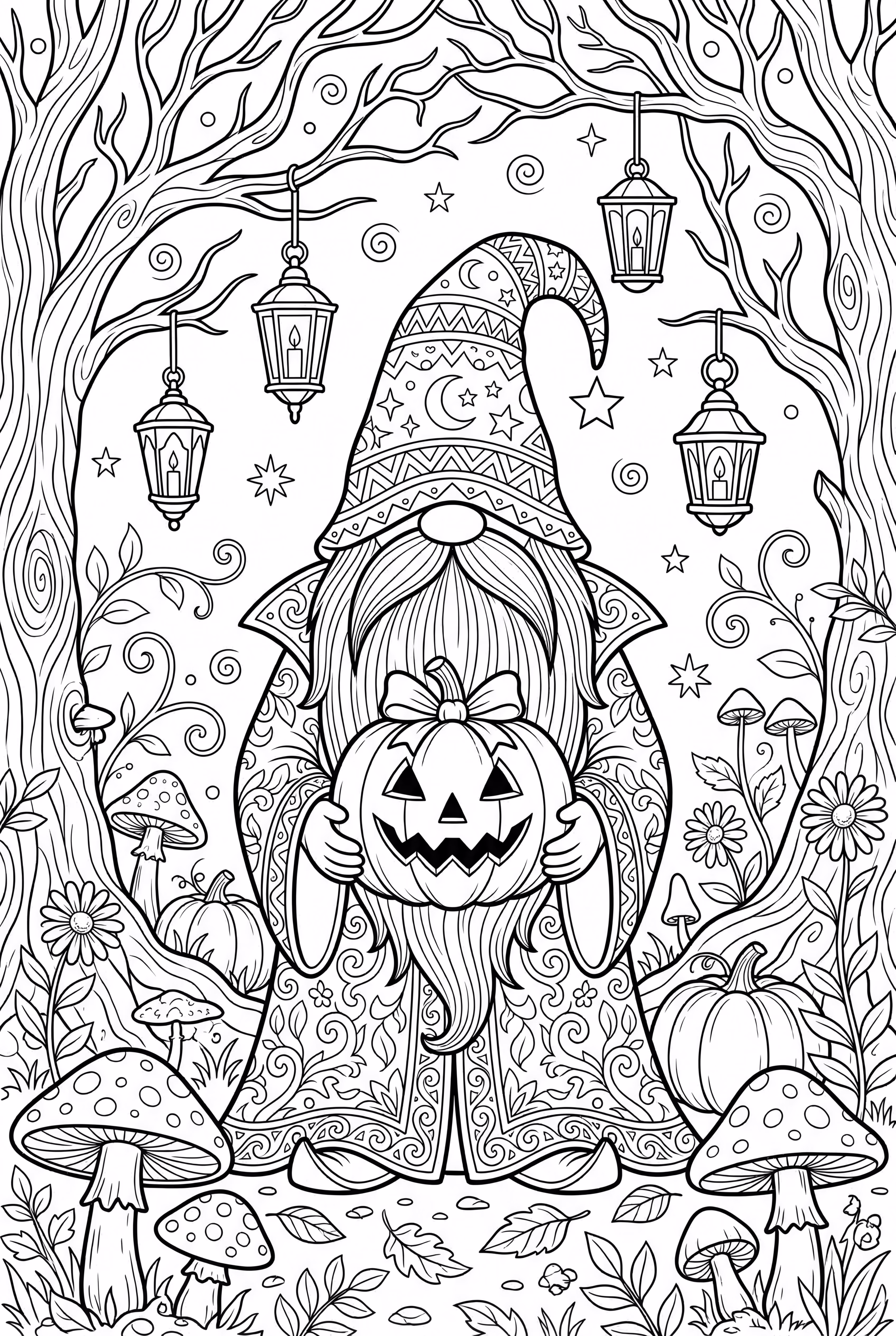 Gnomo en un disfraz de Halloween con una calabaza