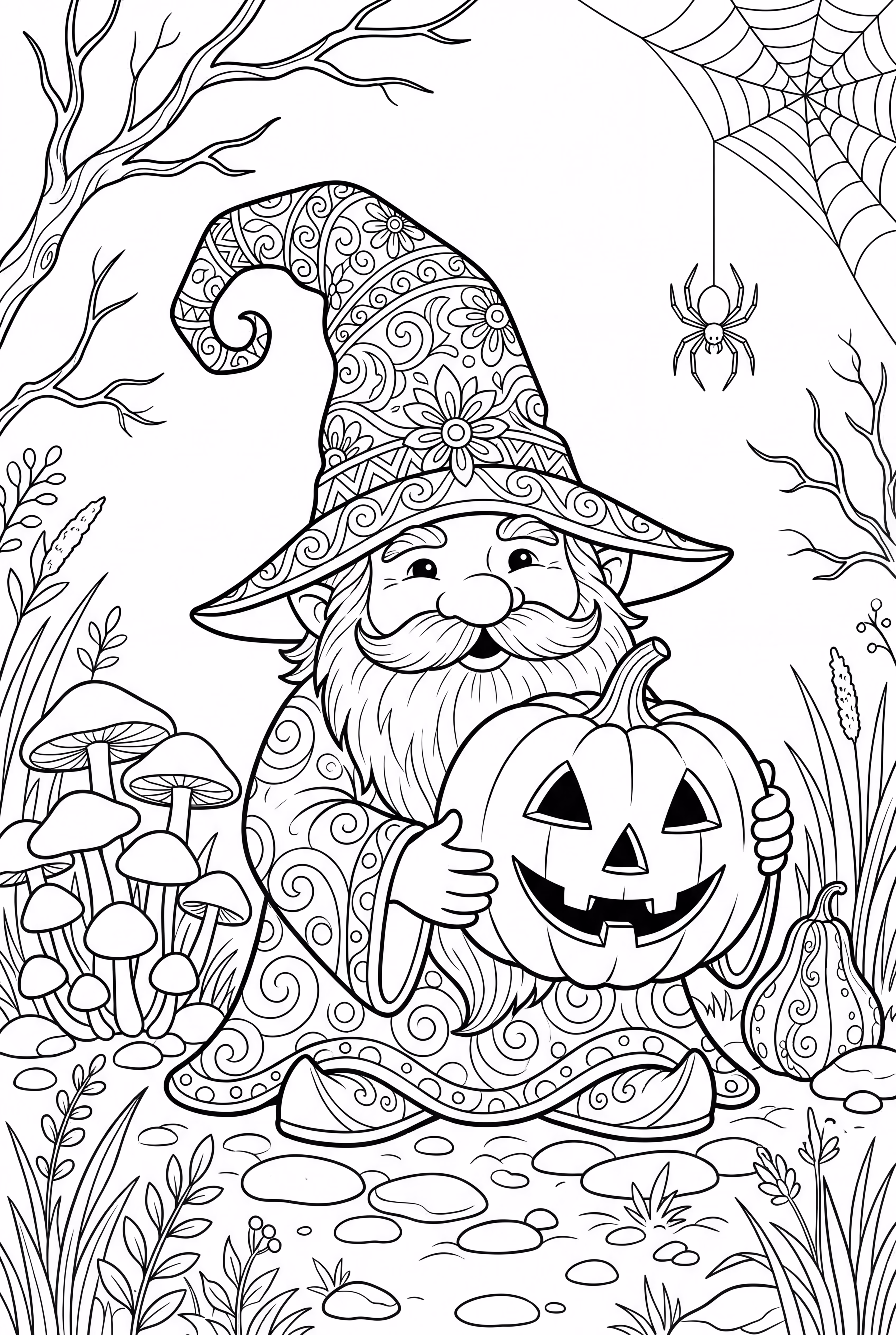 Gnomo en un disfraz de Halloween con una calabaza-2