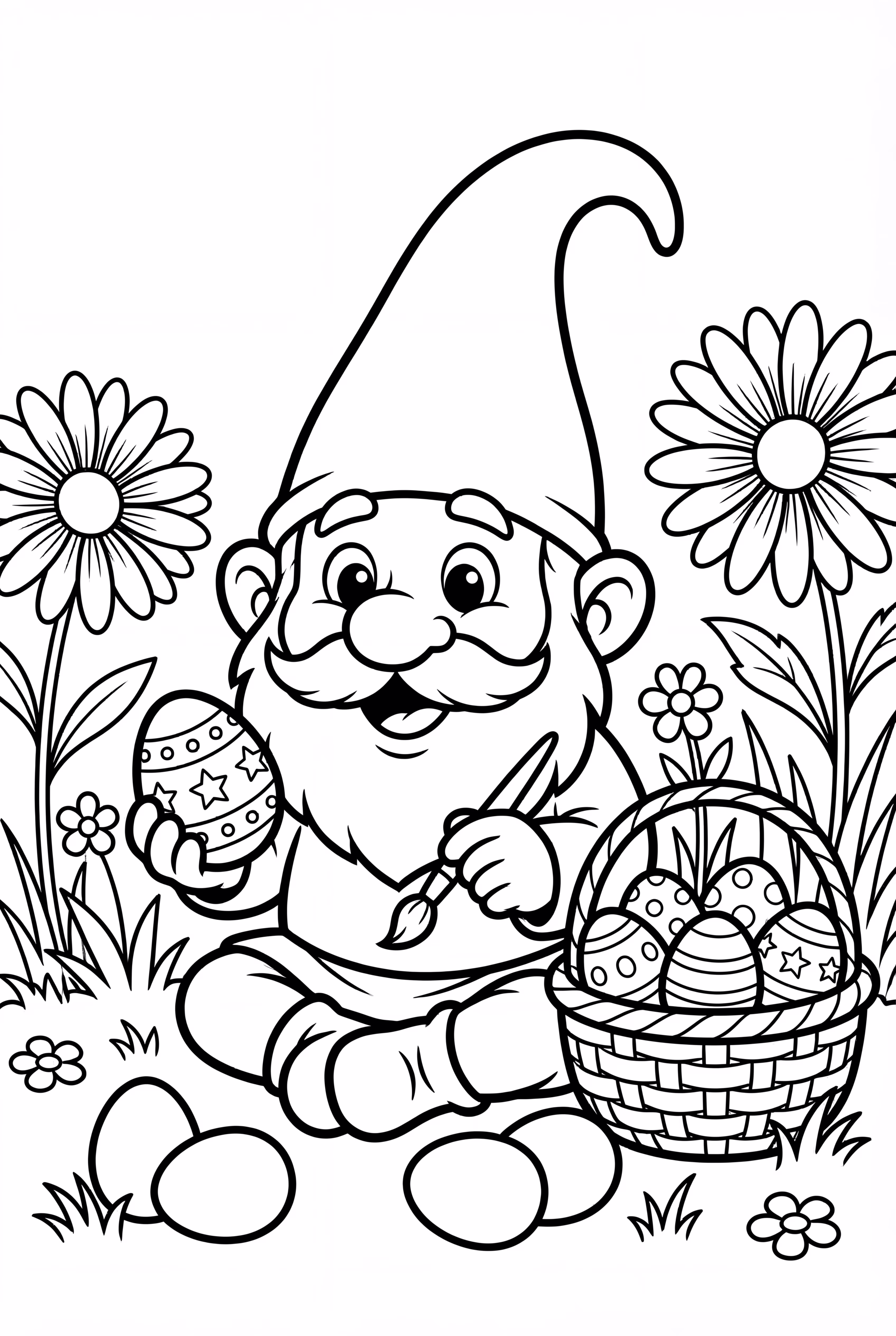 Gnome Painting Colorful Easter Eggs in a Garden