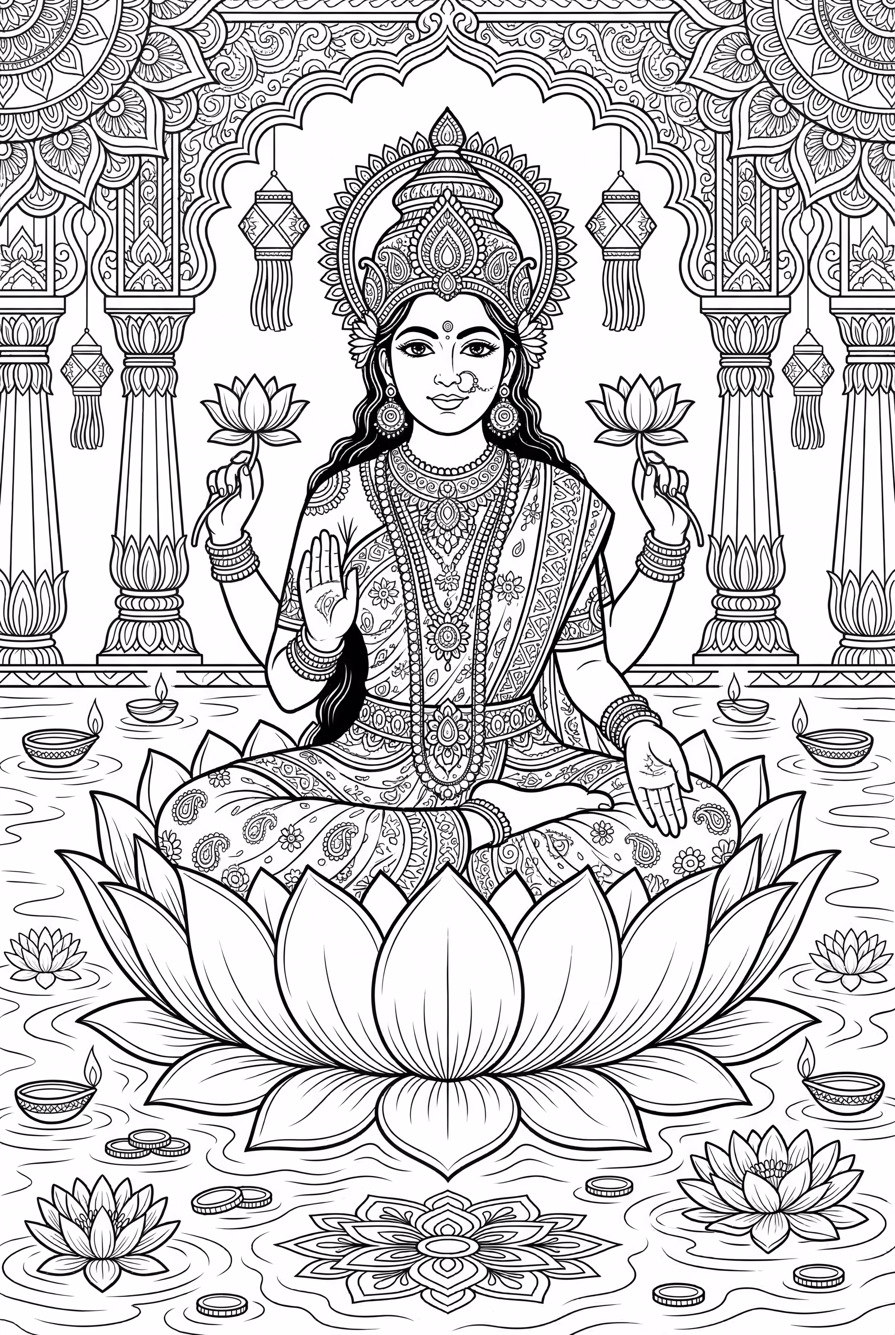 排灯节期间坐在莲花上的女神拉克希米