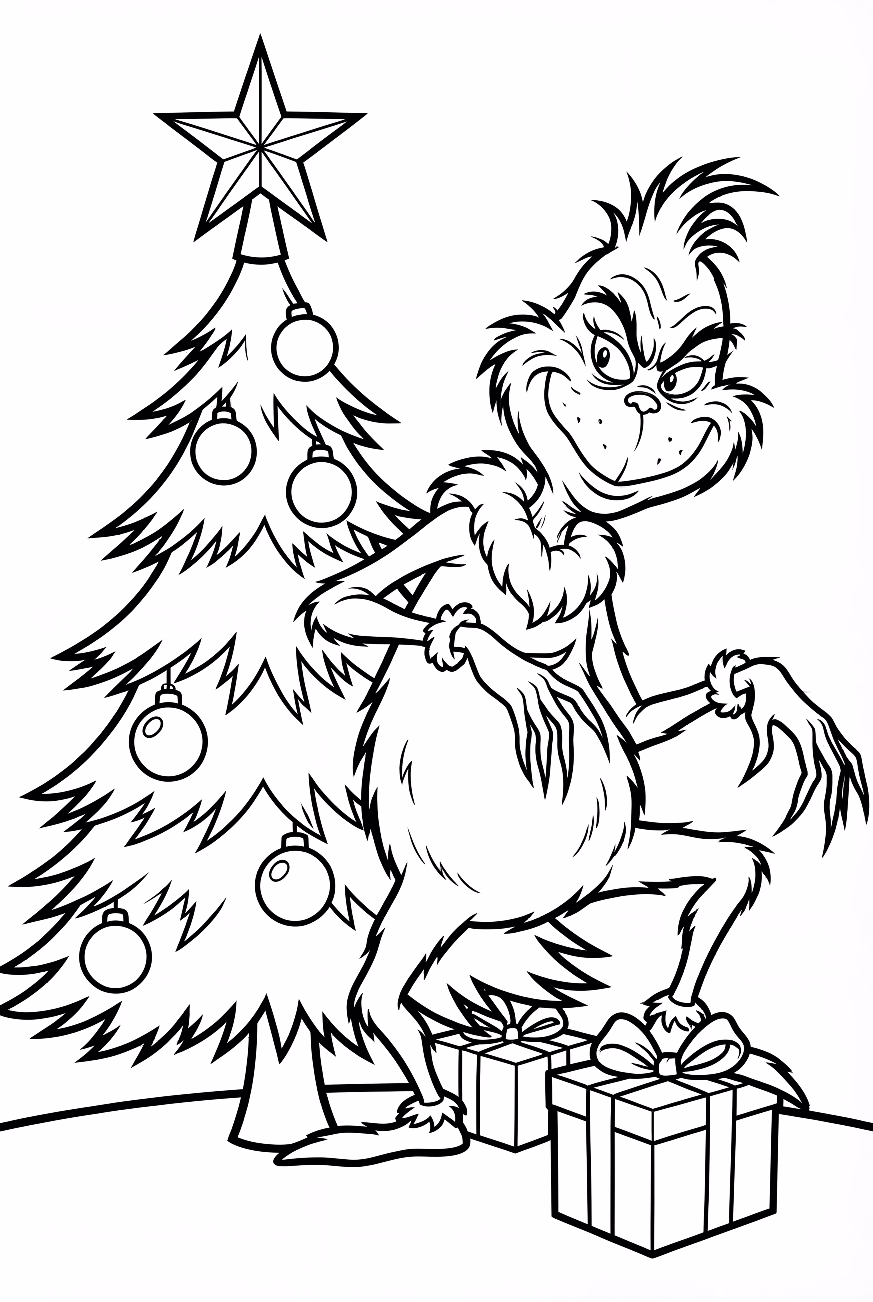Grinch decorating a Christmas tree