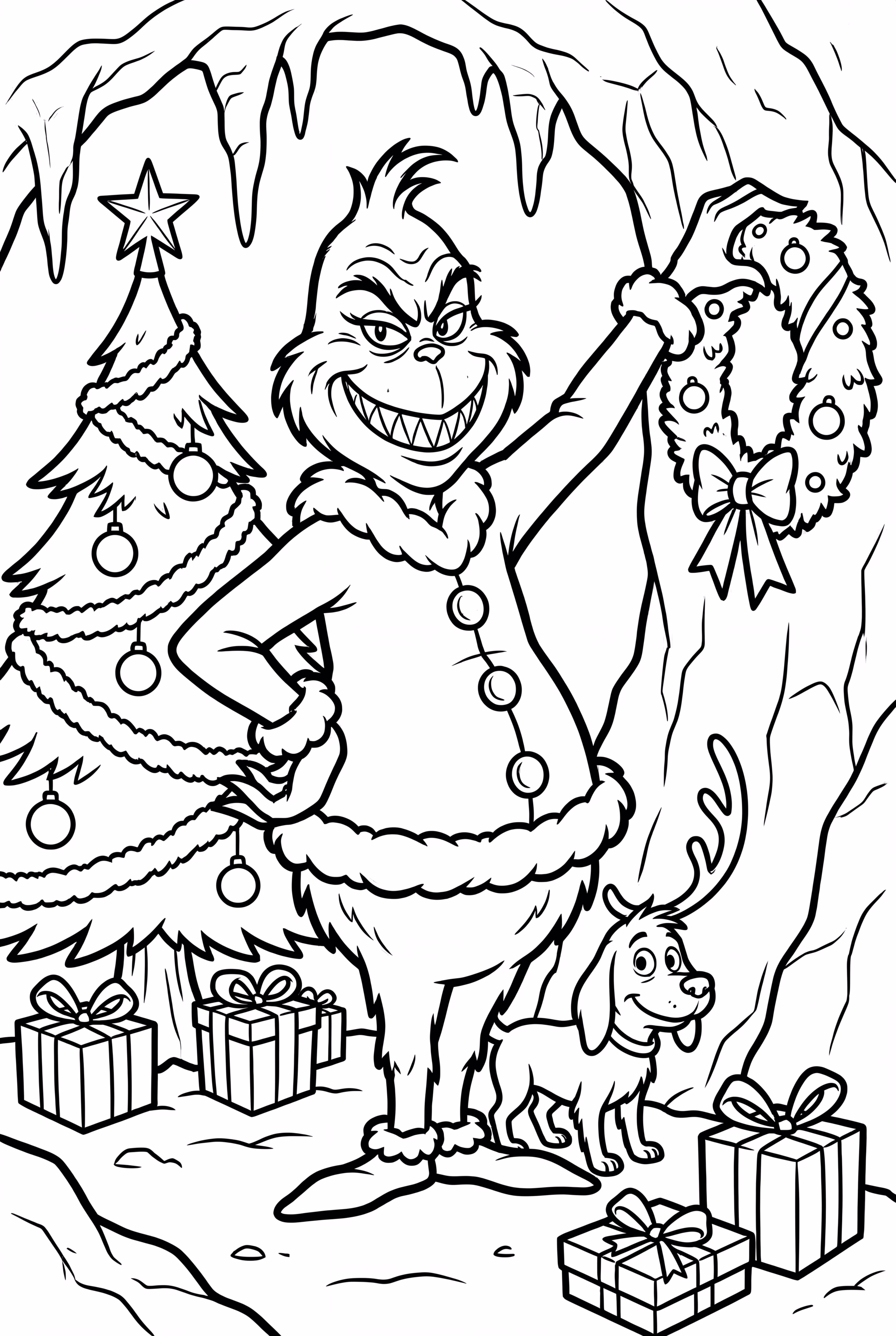 Grinch decorating his cave for Christmas