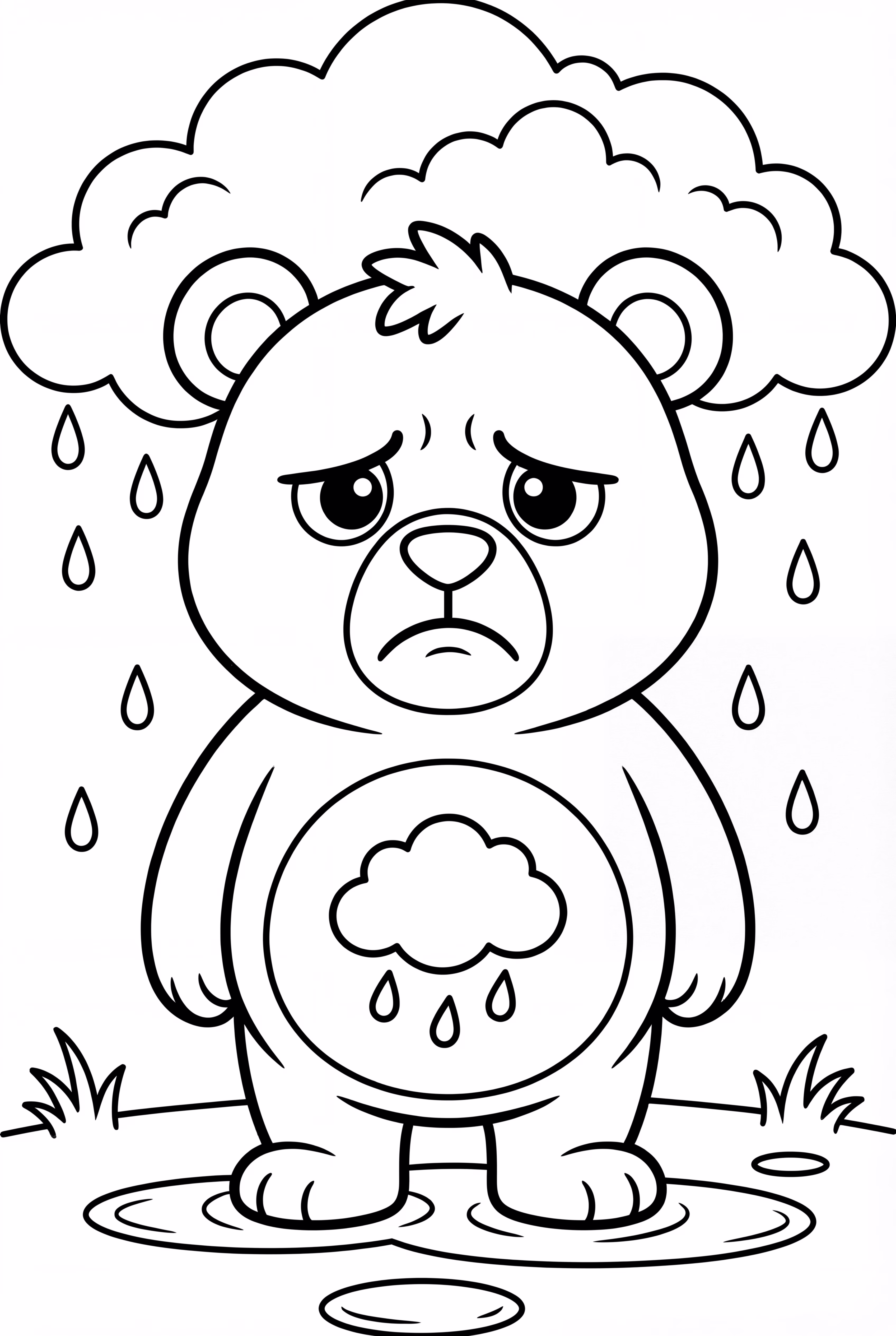 Grumpy Care Bear Under a Rainy Sky