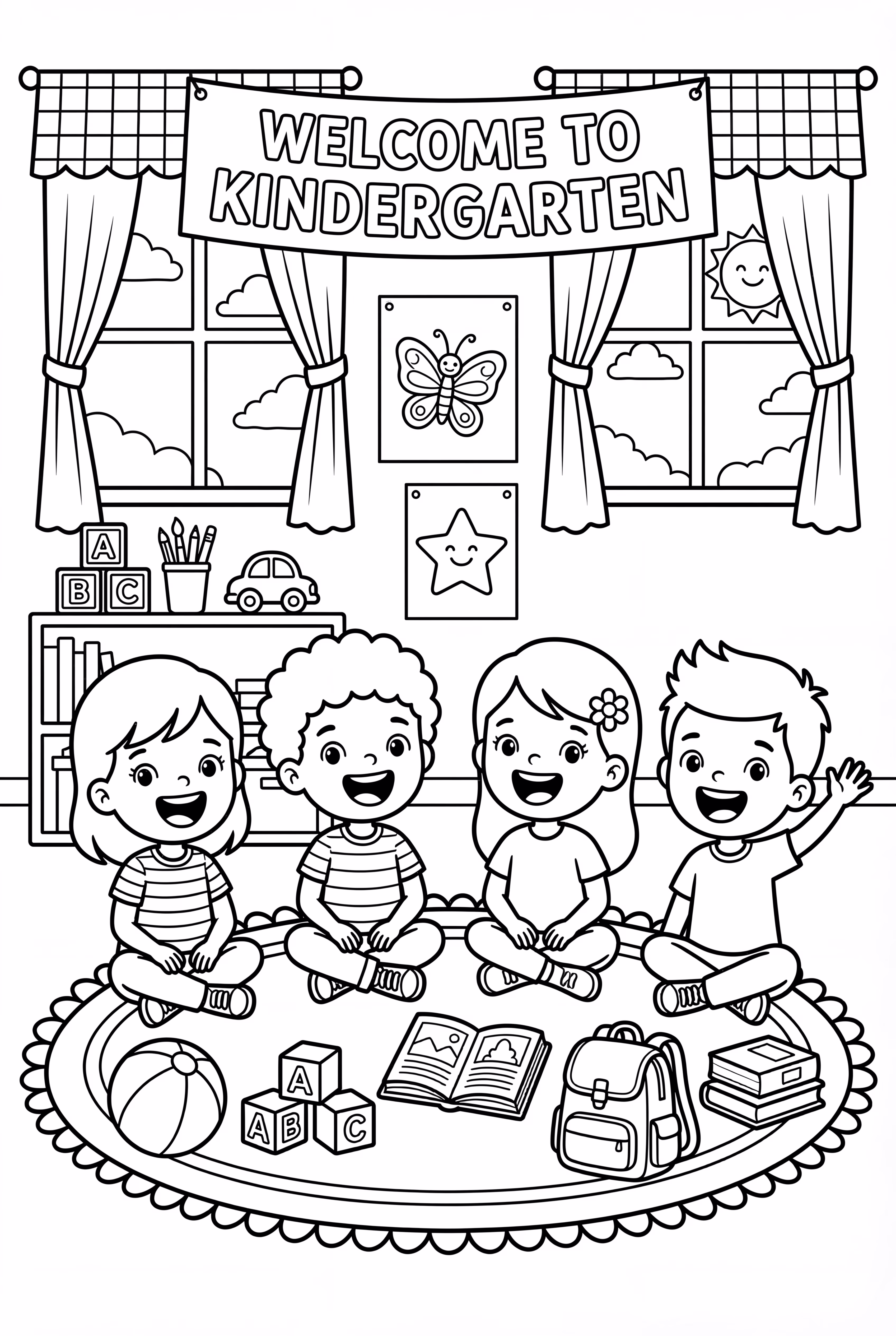 Fröhliche Kinder auf Teppich Willkommen im Kindergarten