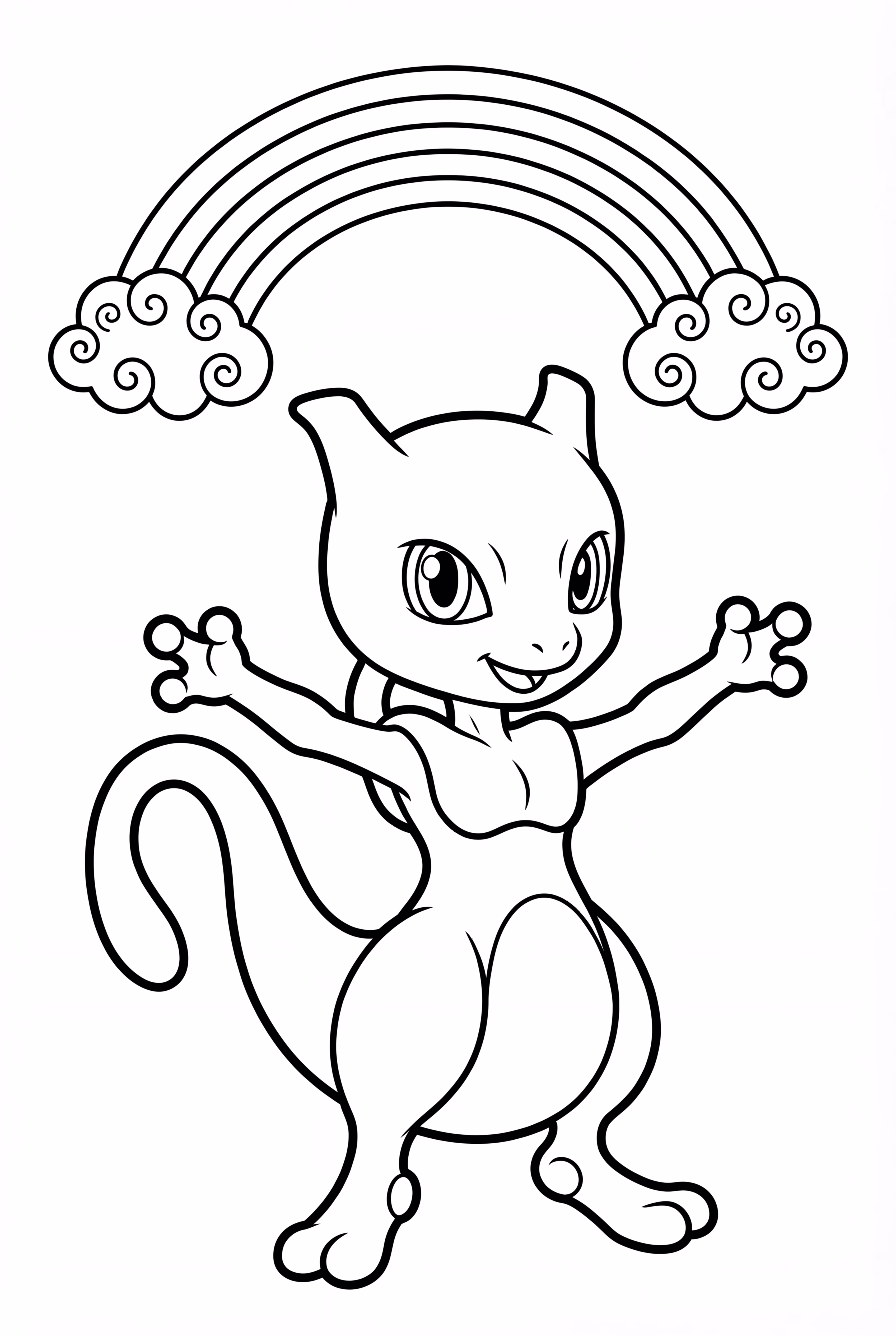 Happy Mewtwo Standing Under A Cute Rainbow