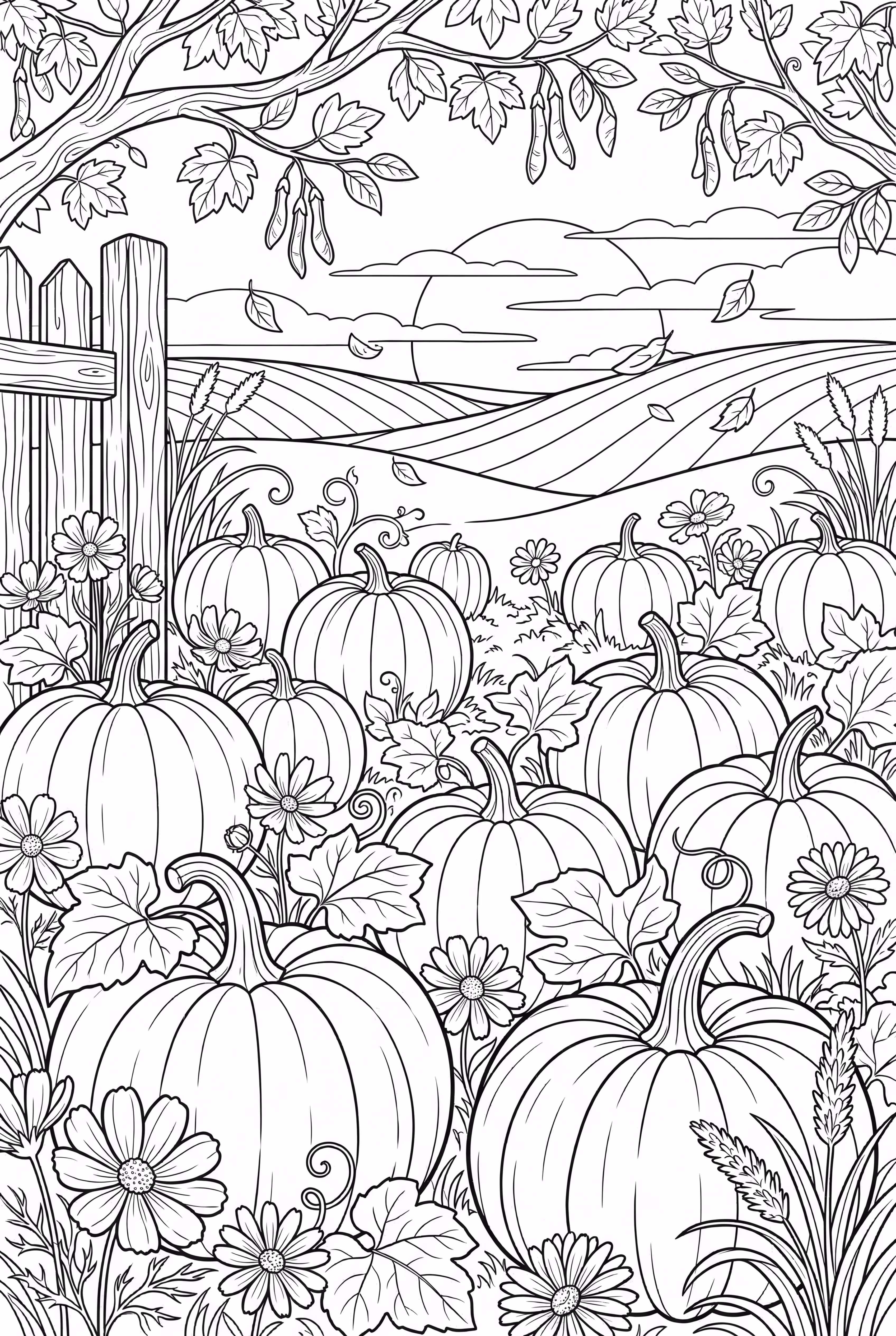 Escena de feliz granja de calabazas