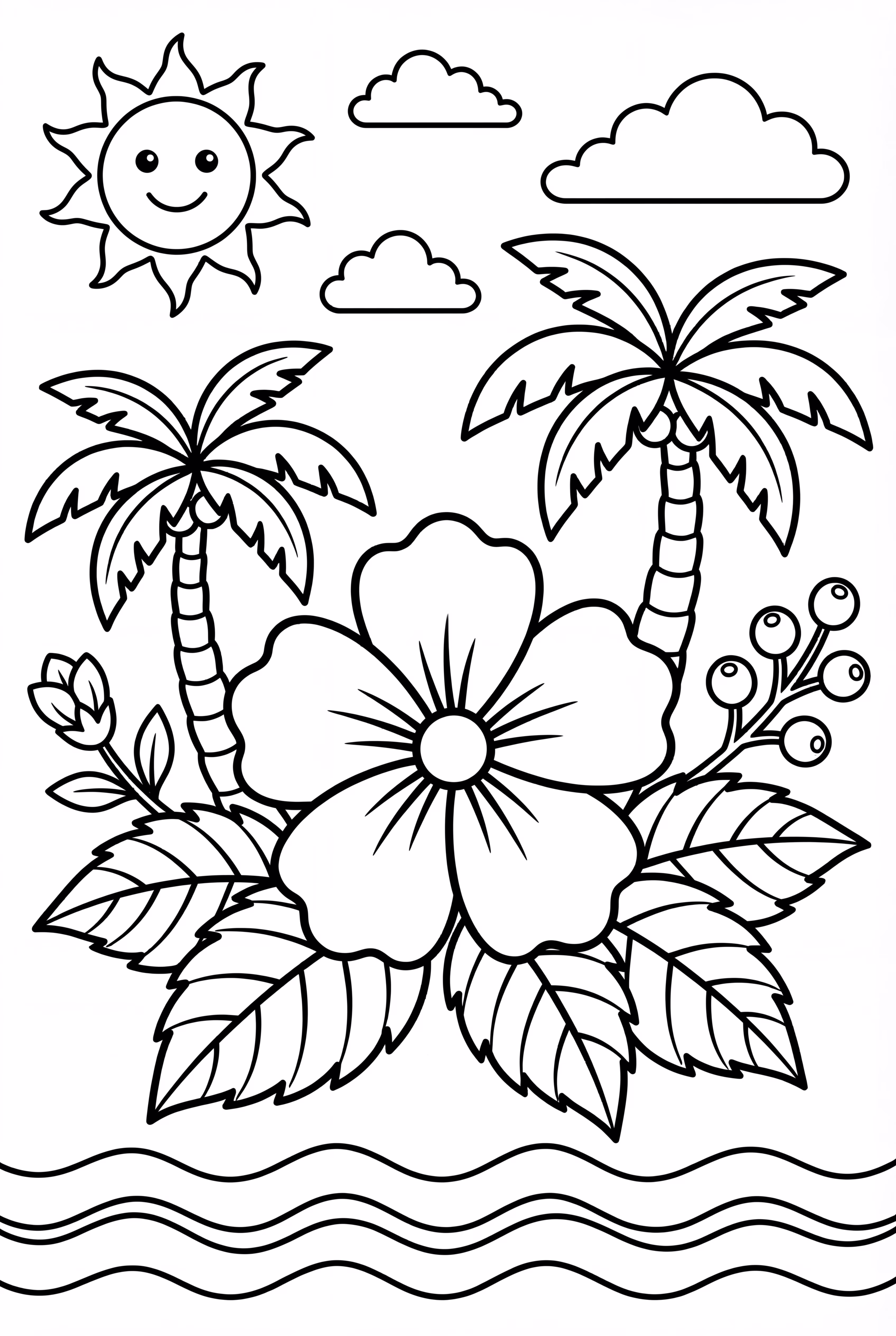 하와이안 히비스커스 꽃과 야자수 잎