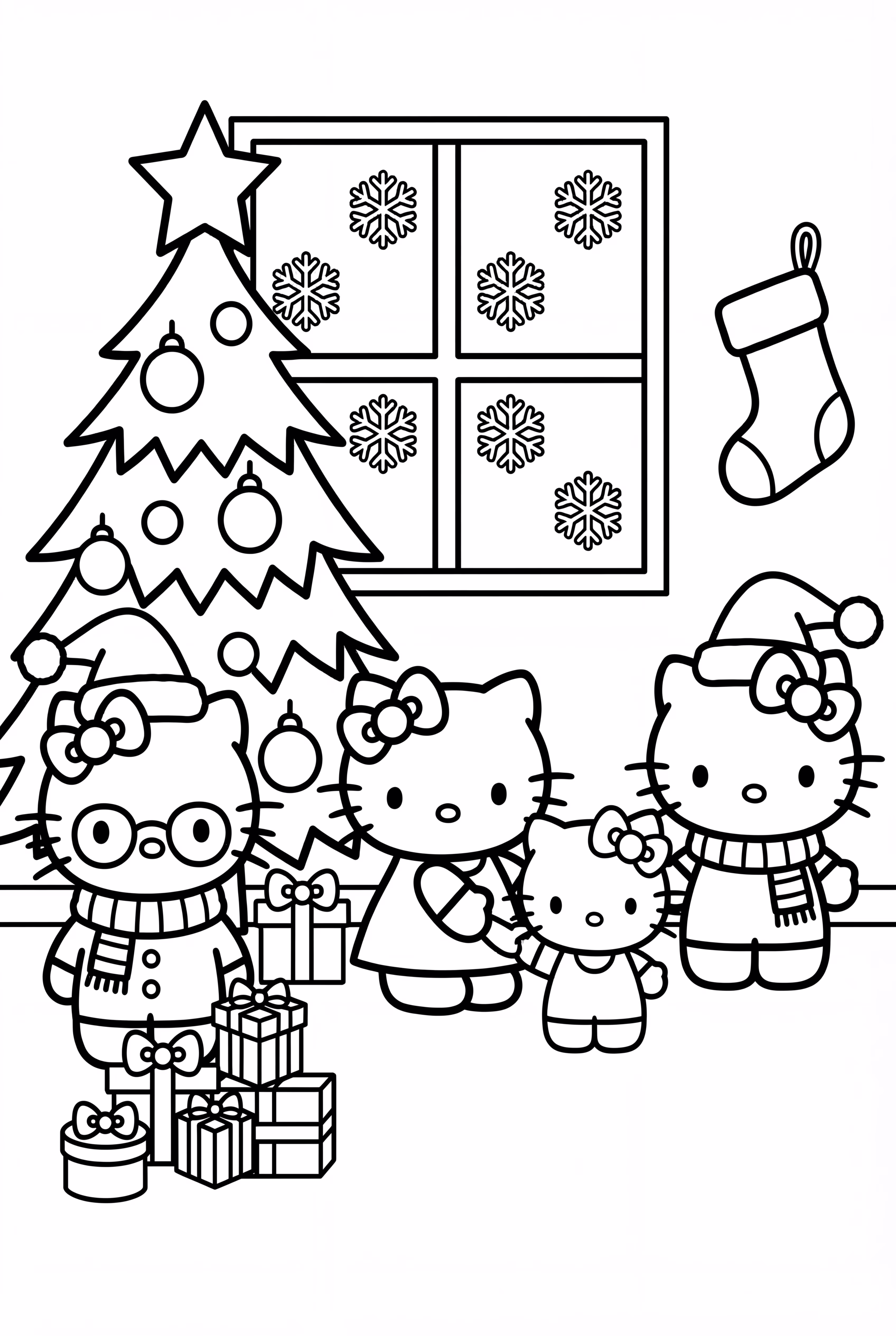 Hello Kitty y su familia en la mañana de Navidad