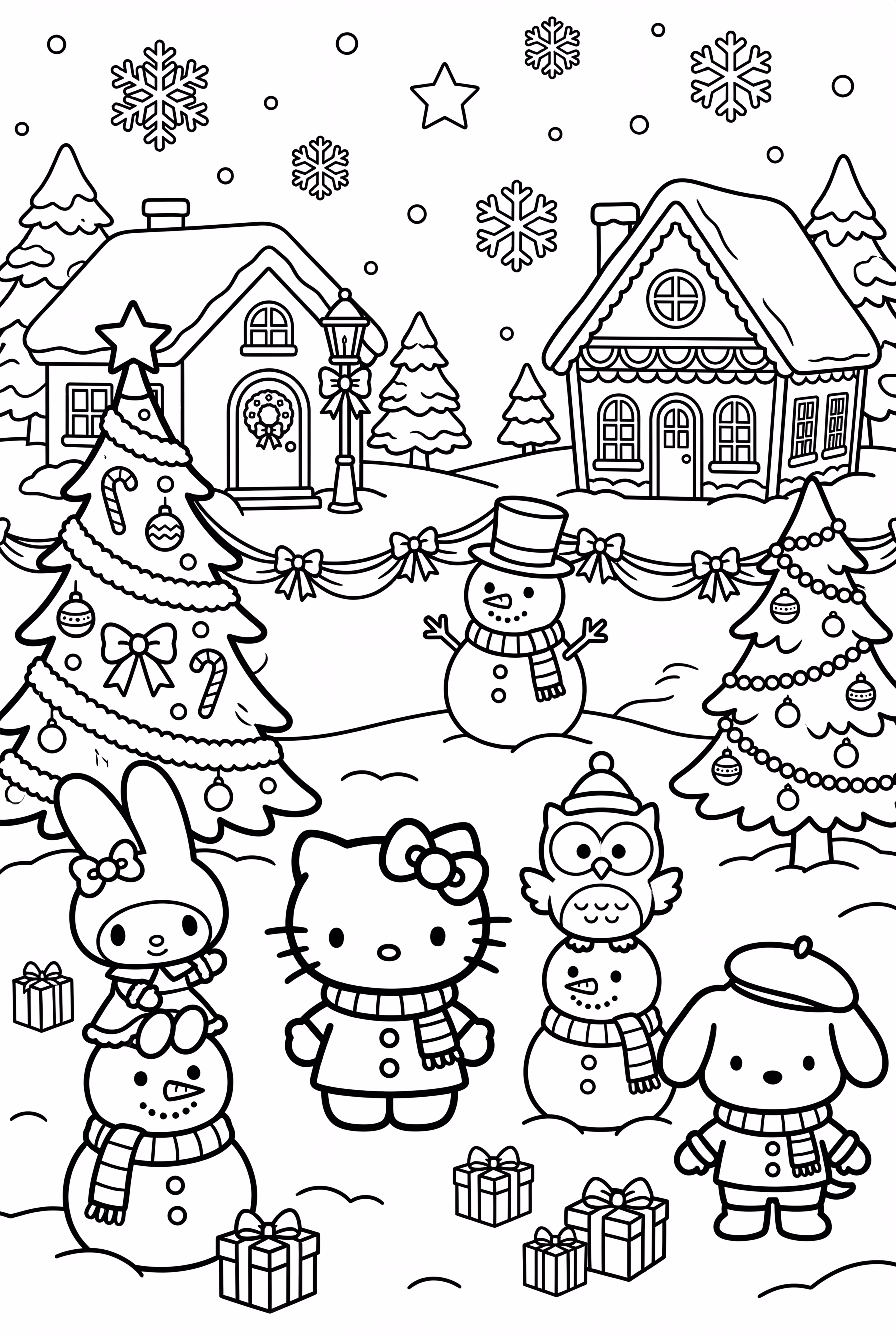 Hello Kitty y Amigos en un Pueblo Nevado