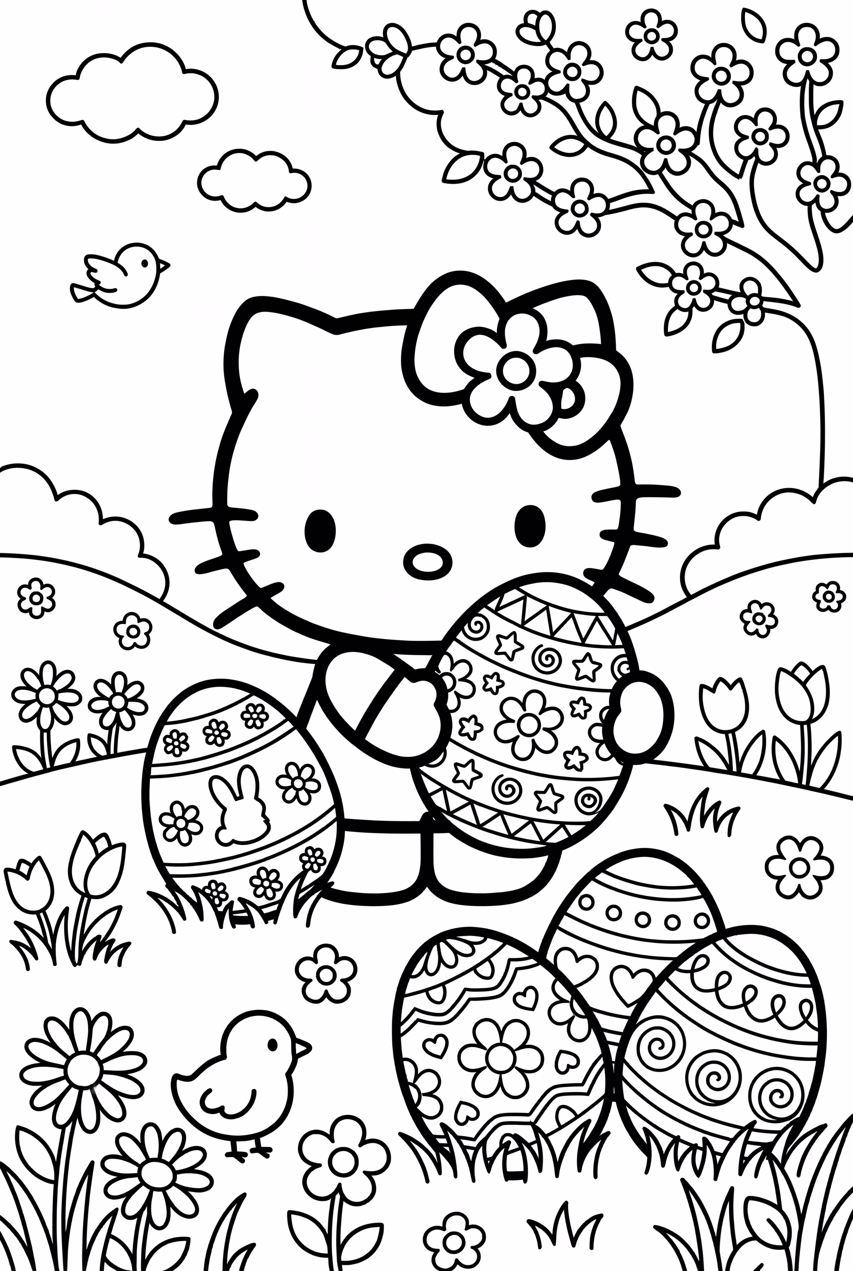 hello kitty celebrating easter with eggs