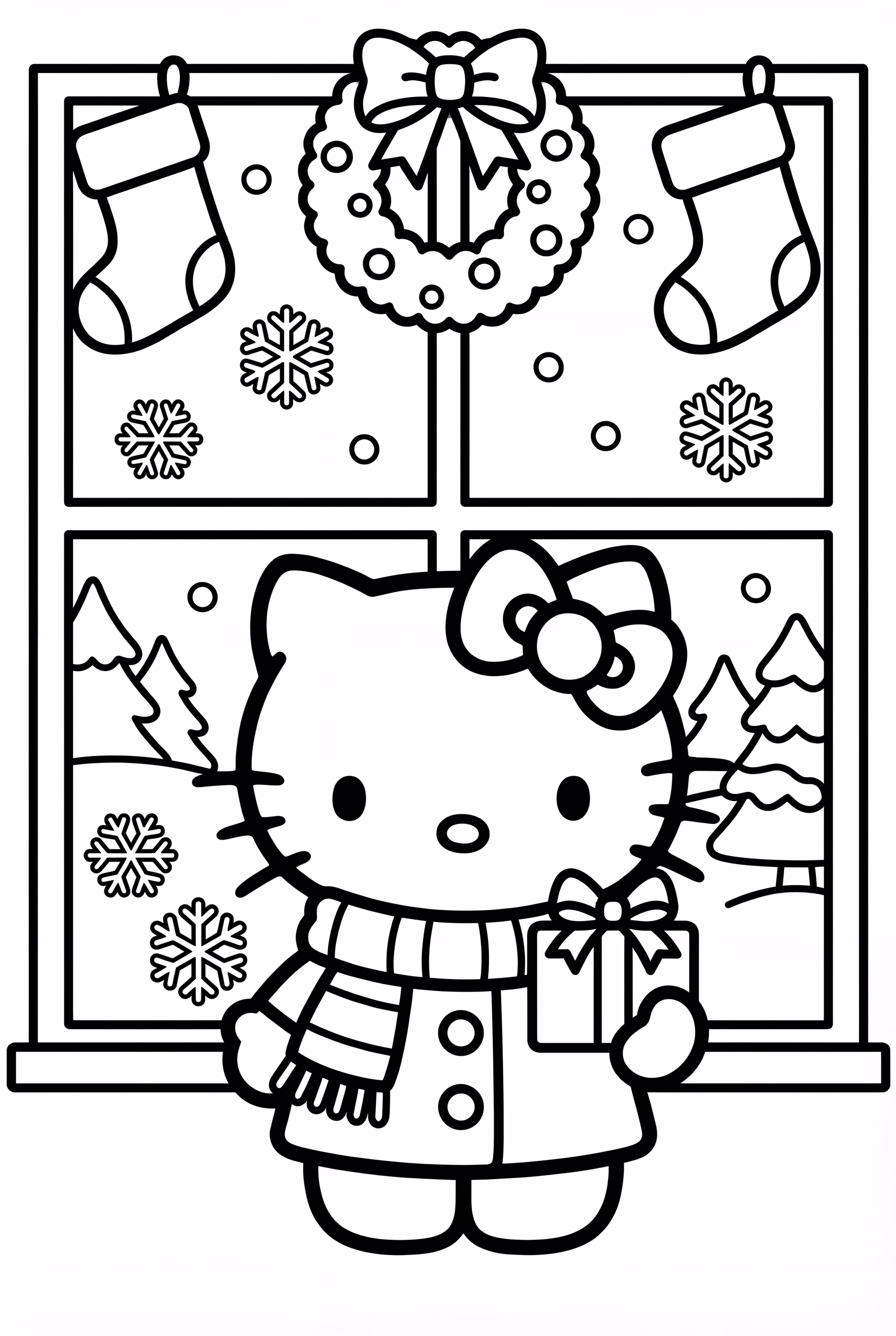 Hello Kitty mirando por una ventana nevada