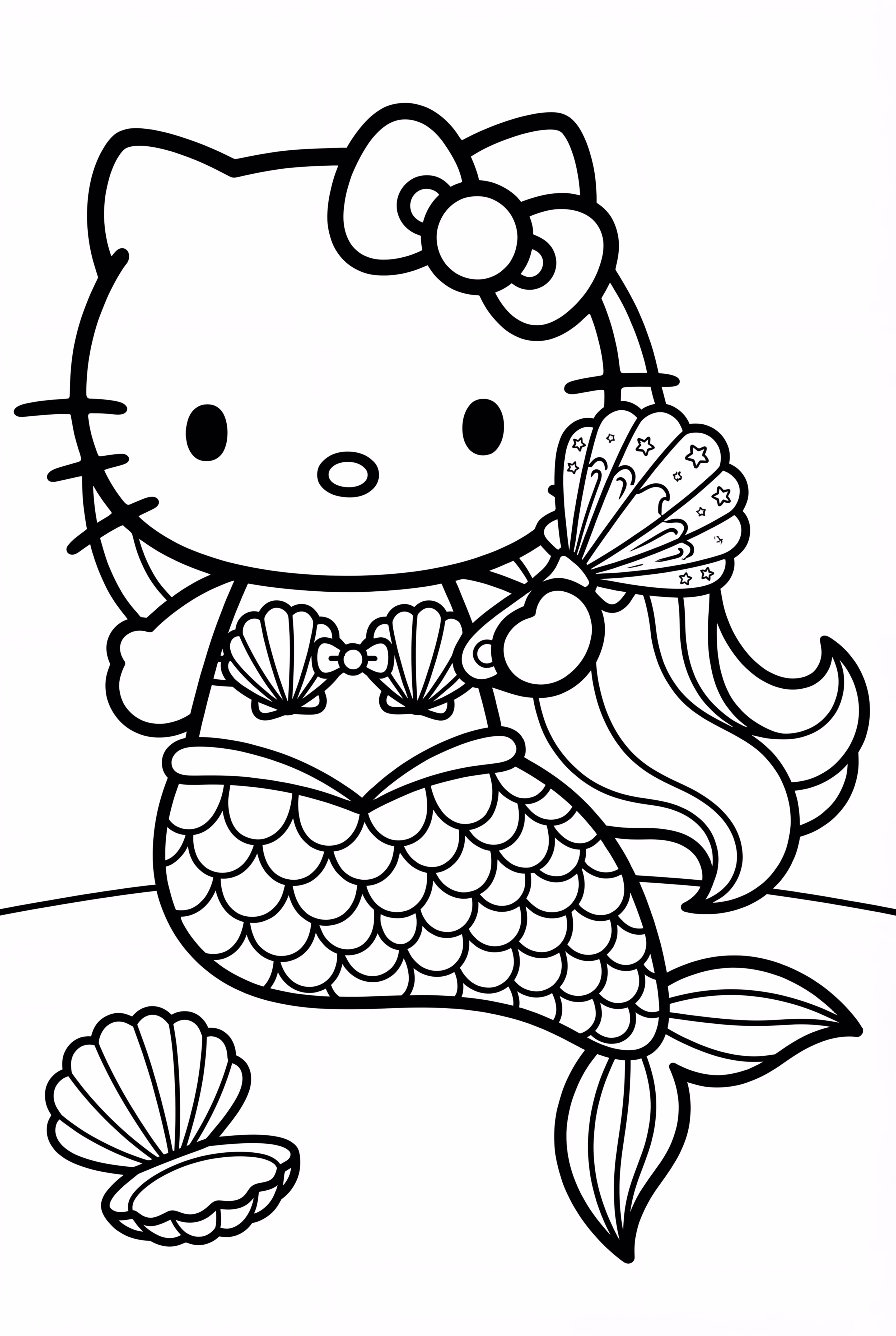 Hola Kitty Sirena Peinando Su Cabello con Conchas