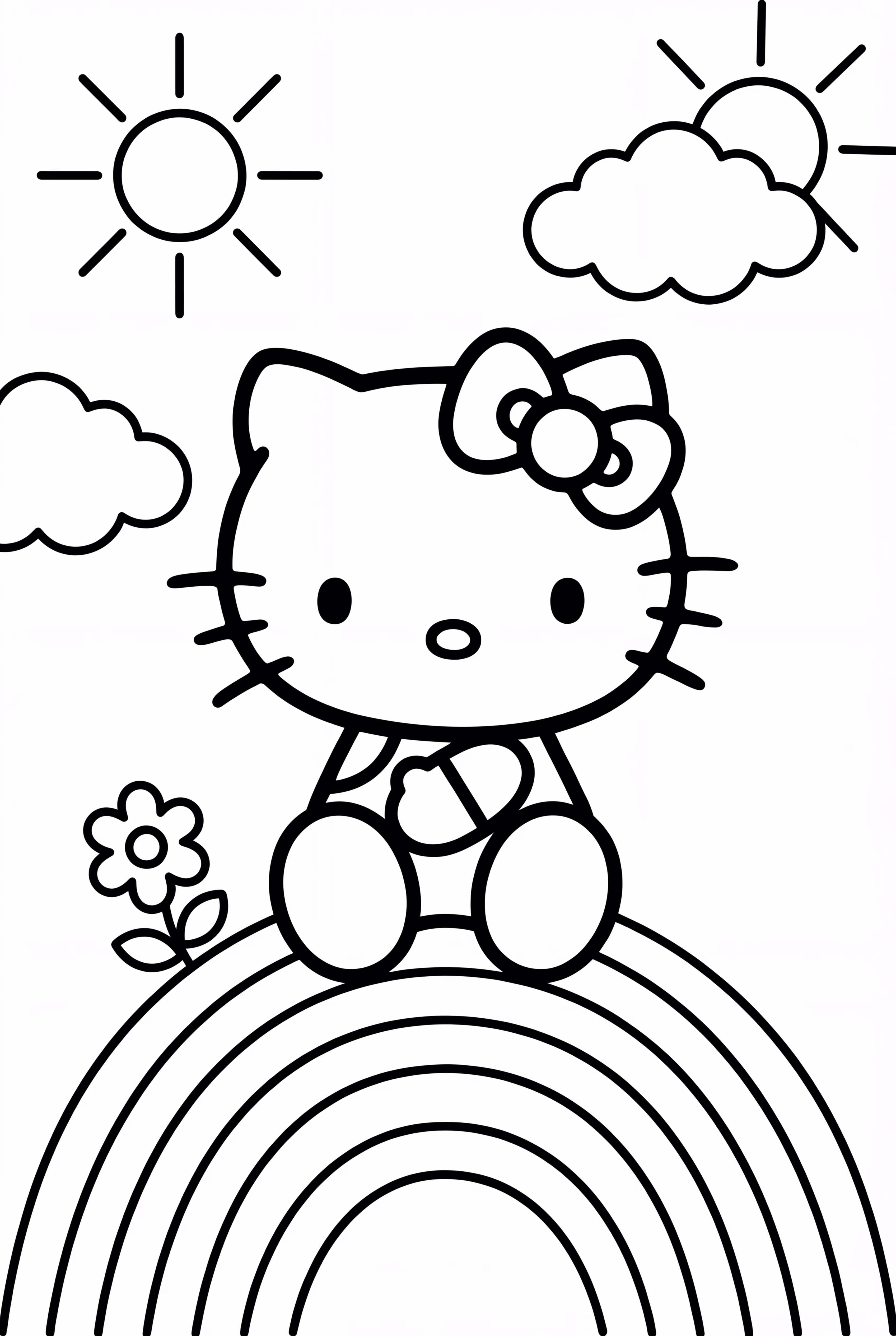 hello kitty sentada en un arcoíris