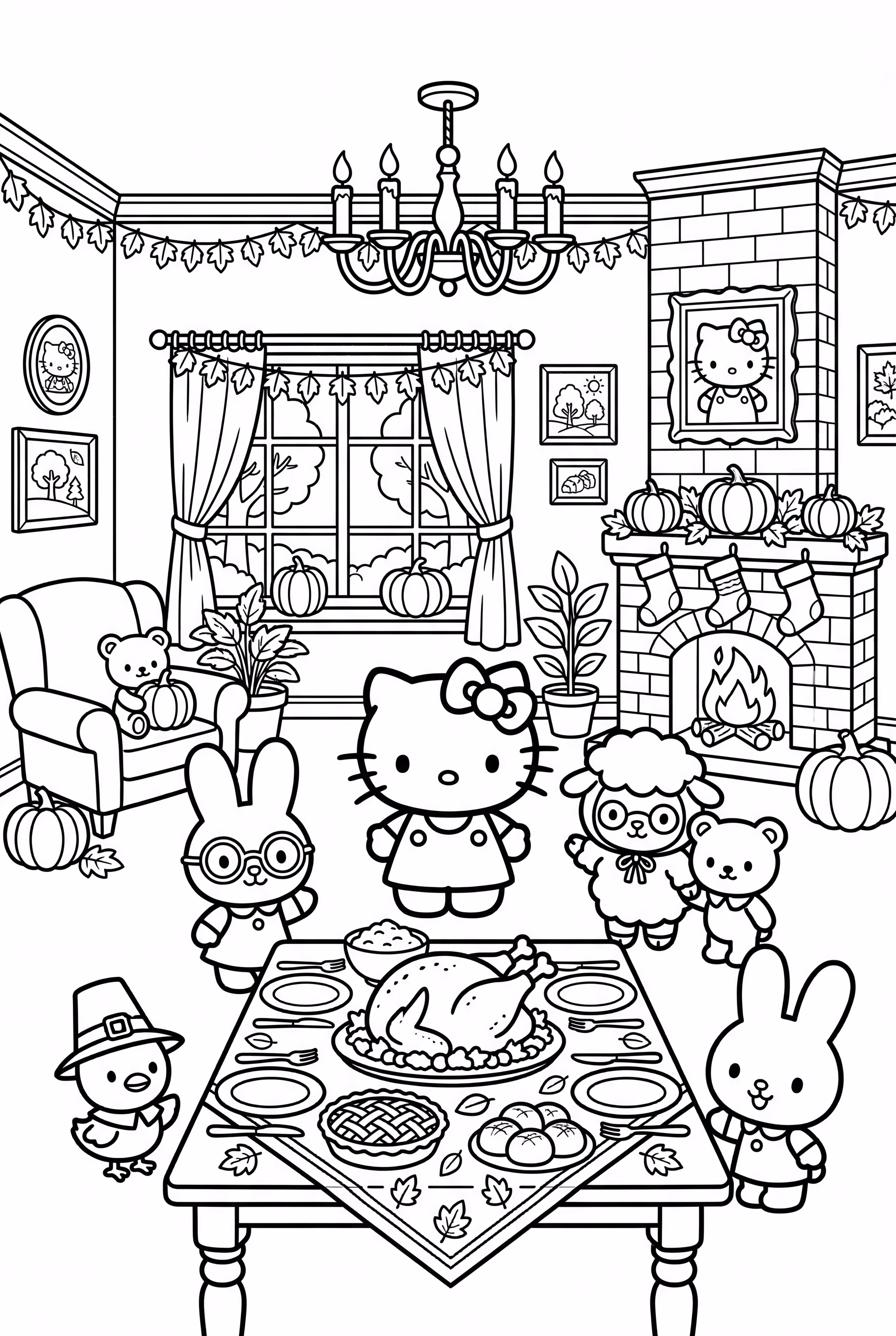 Interior festivo de la casa de Hello Kitty para Acción de Gracias