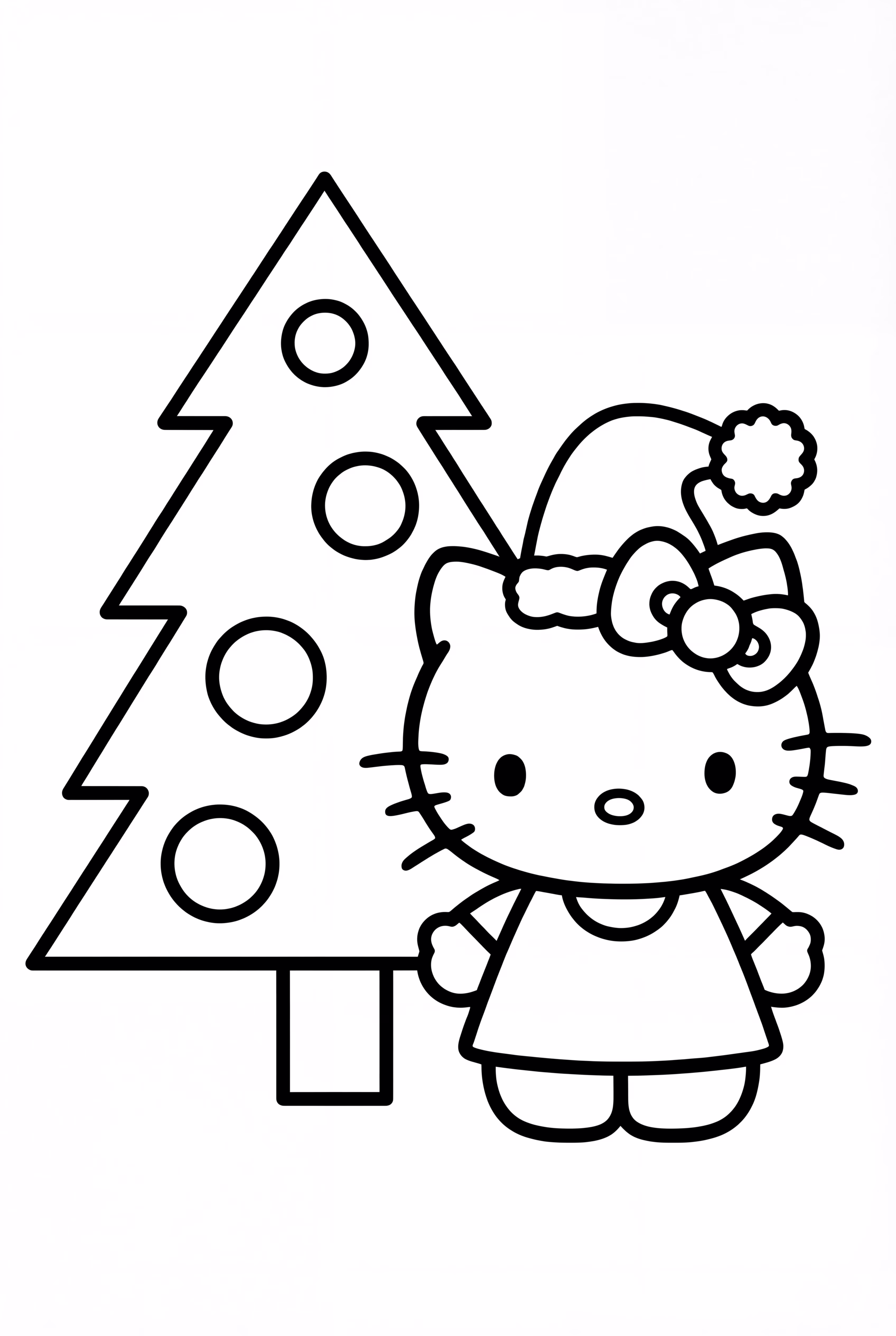 Hello Kitty con un gorro de Santa al lado de un árbol de Navidad