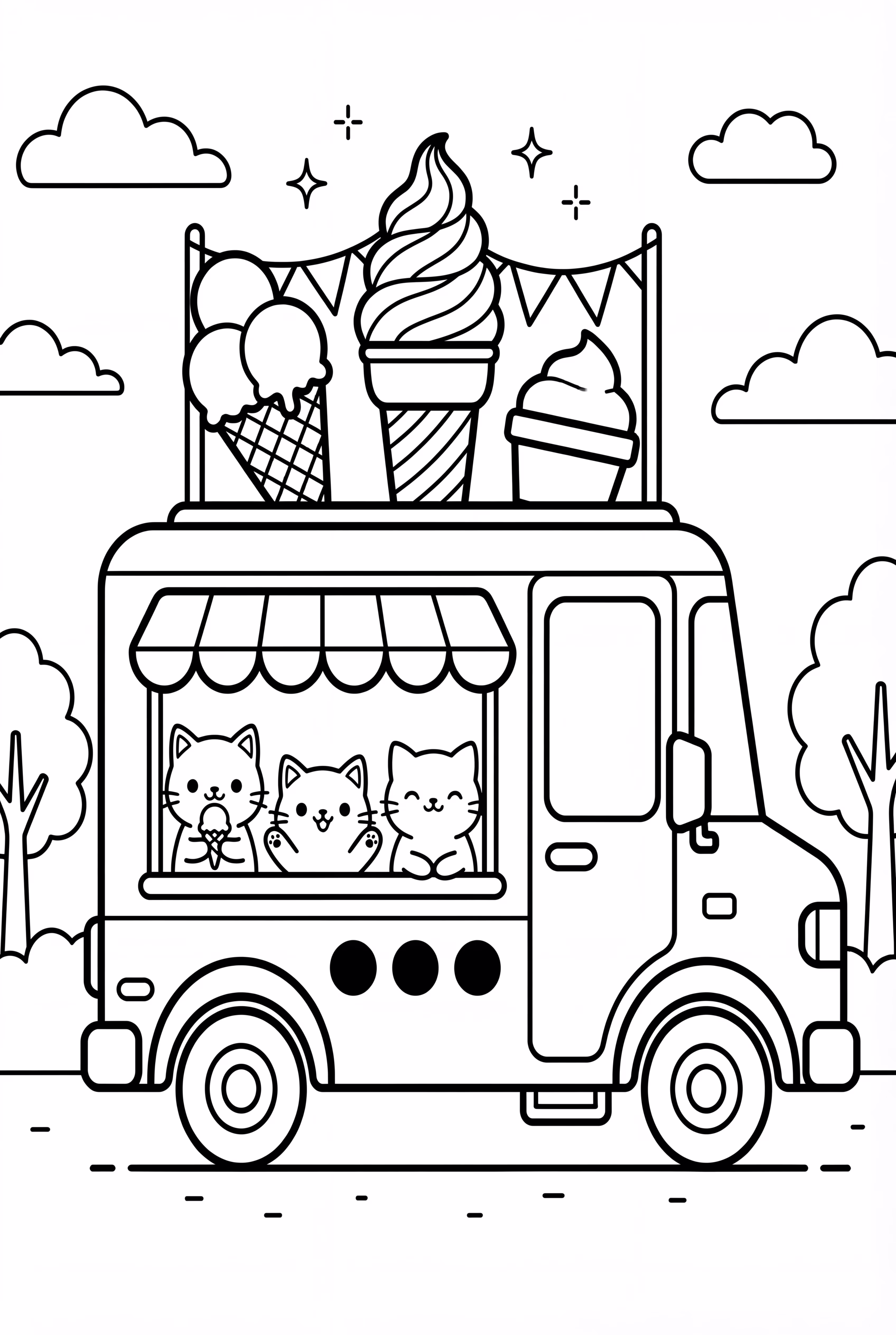 Ice Cream Truck Parade with Kawaii Decorations and Animal Customers
