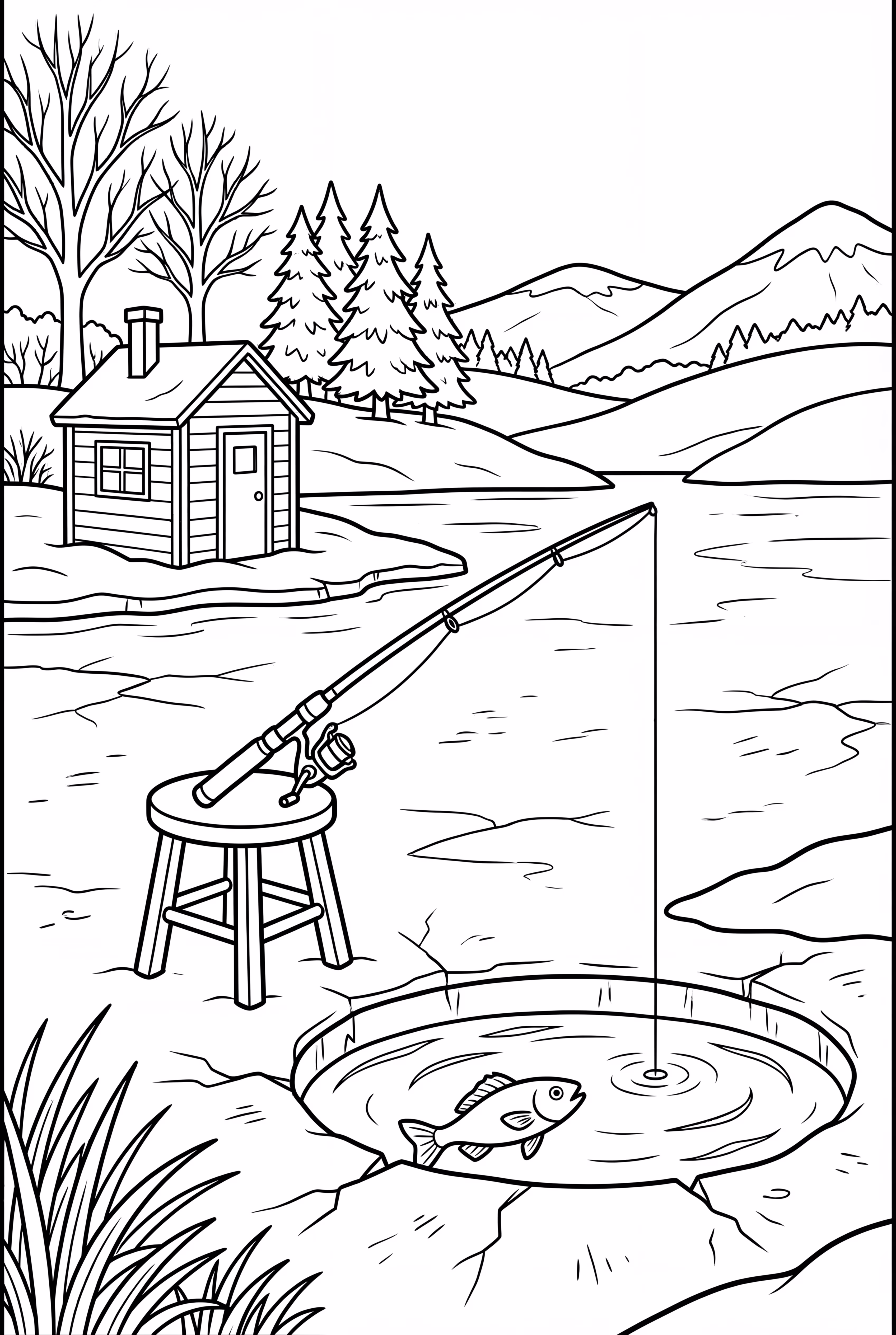 Ice Fishing on a Frozen Lake