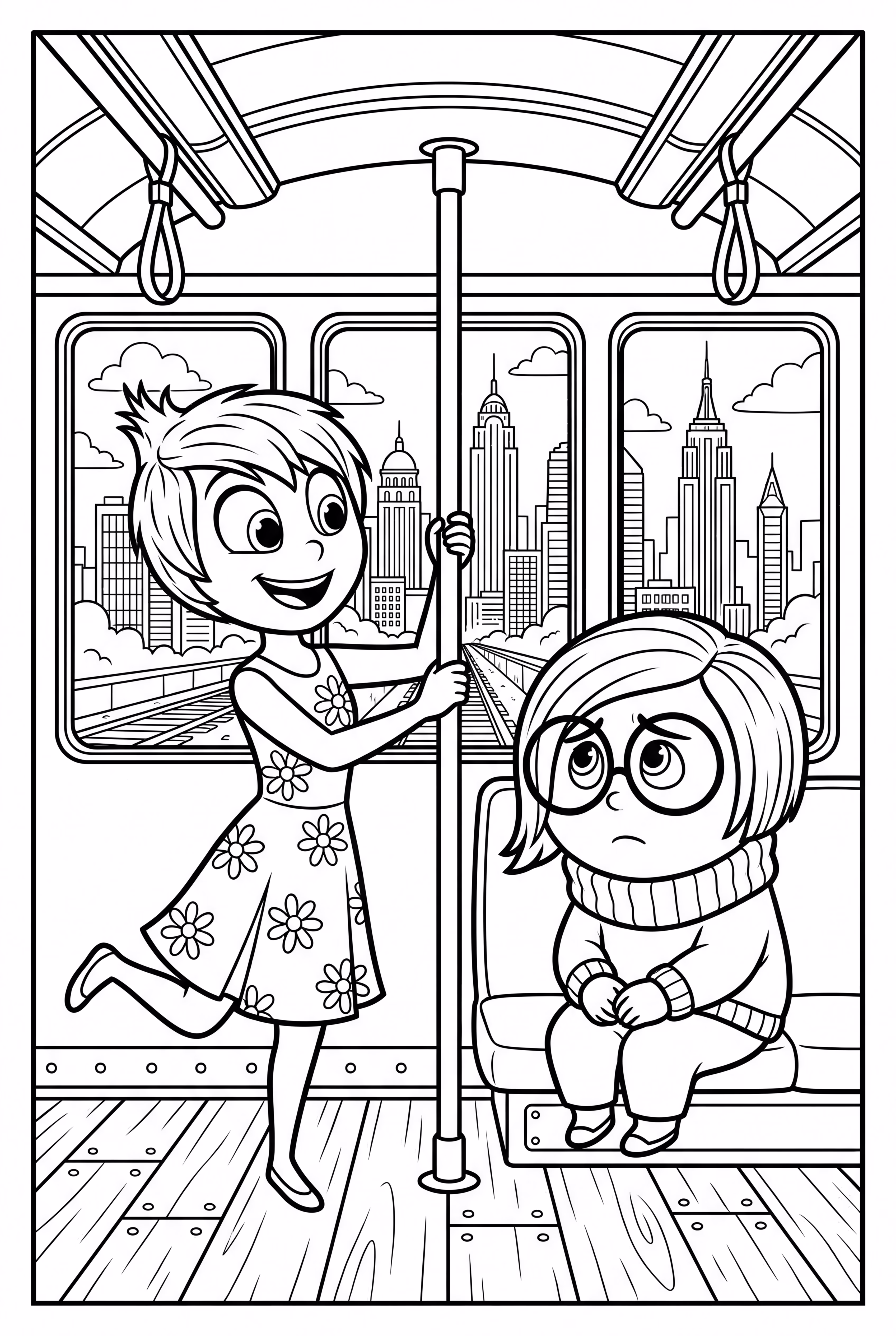 インサイド・ヘッドのヨロコビとカナシミが電車に乗っている