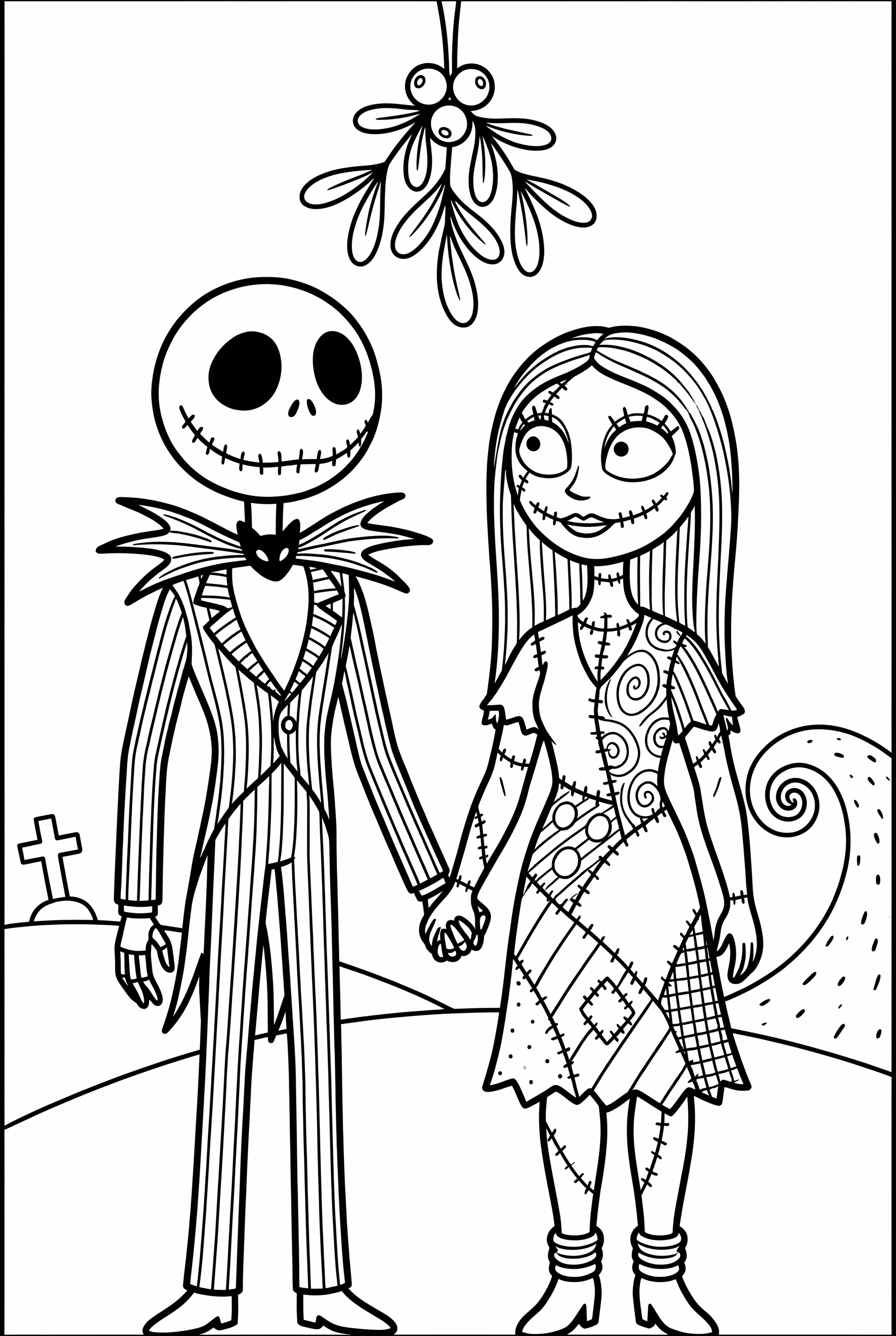 잭과 샐리가 크리스마스의 악몽에서 겨우살이 아래에 있어요