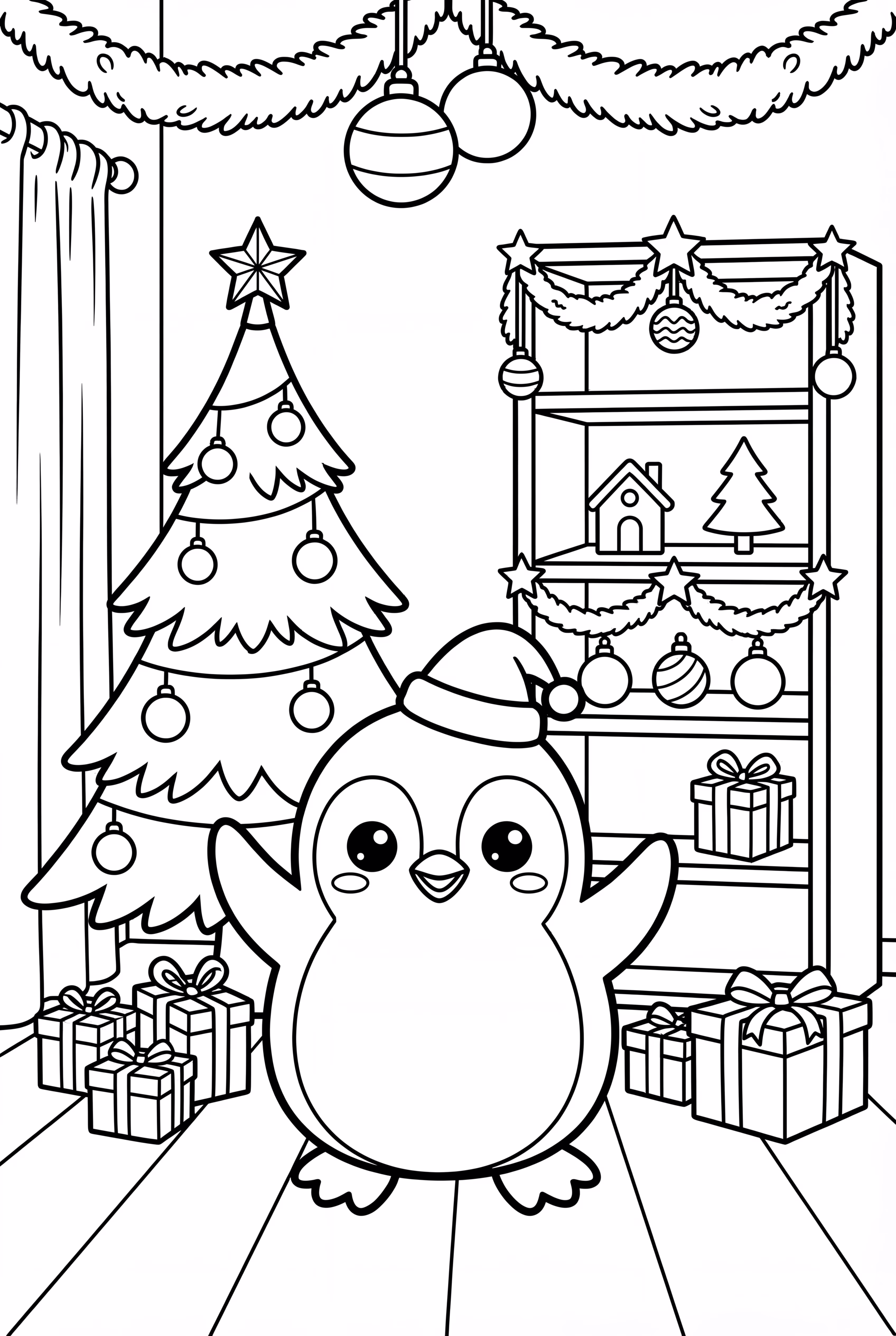 kawaii penguin decorating Christmas tree in cozy room