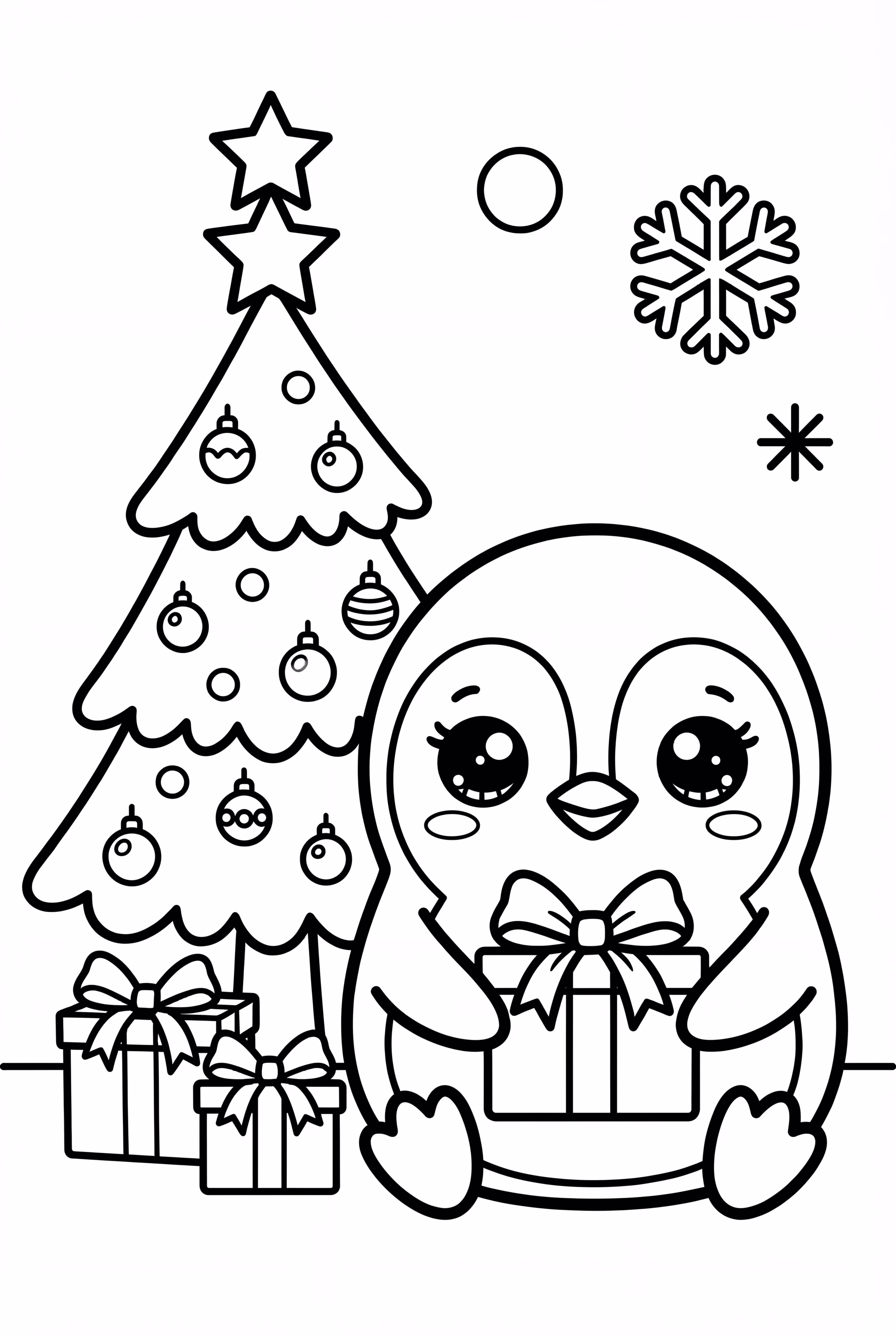 귀여운 펭귄이 크리스마스 트리 옆에서 선물 상자를 들고 있는 모습