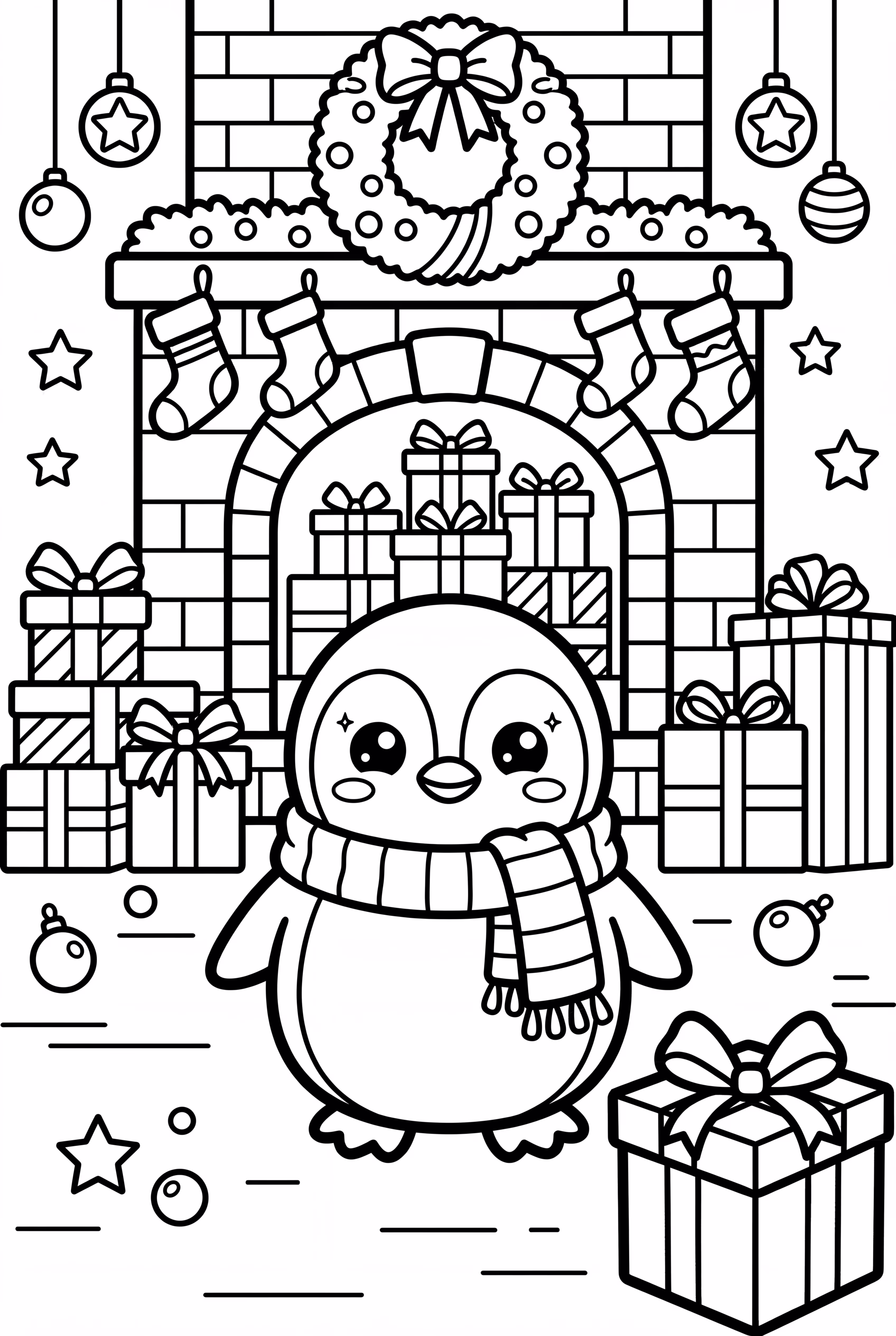 kawaii penguin wrapping presents near fireplace