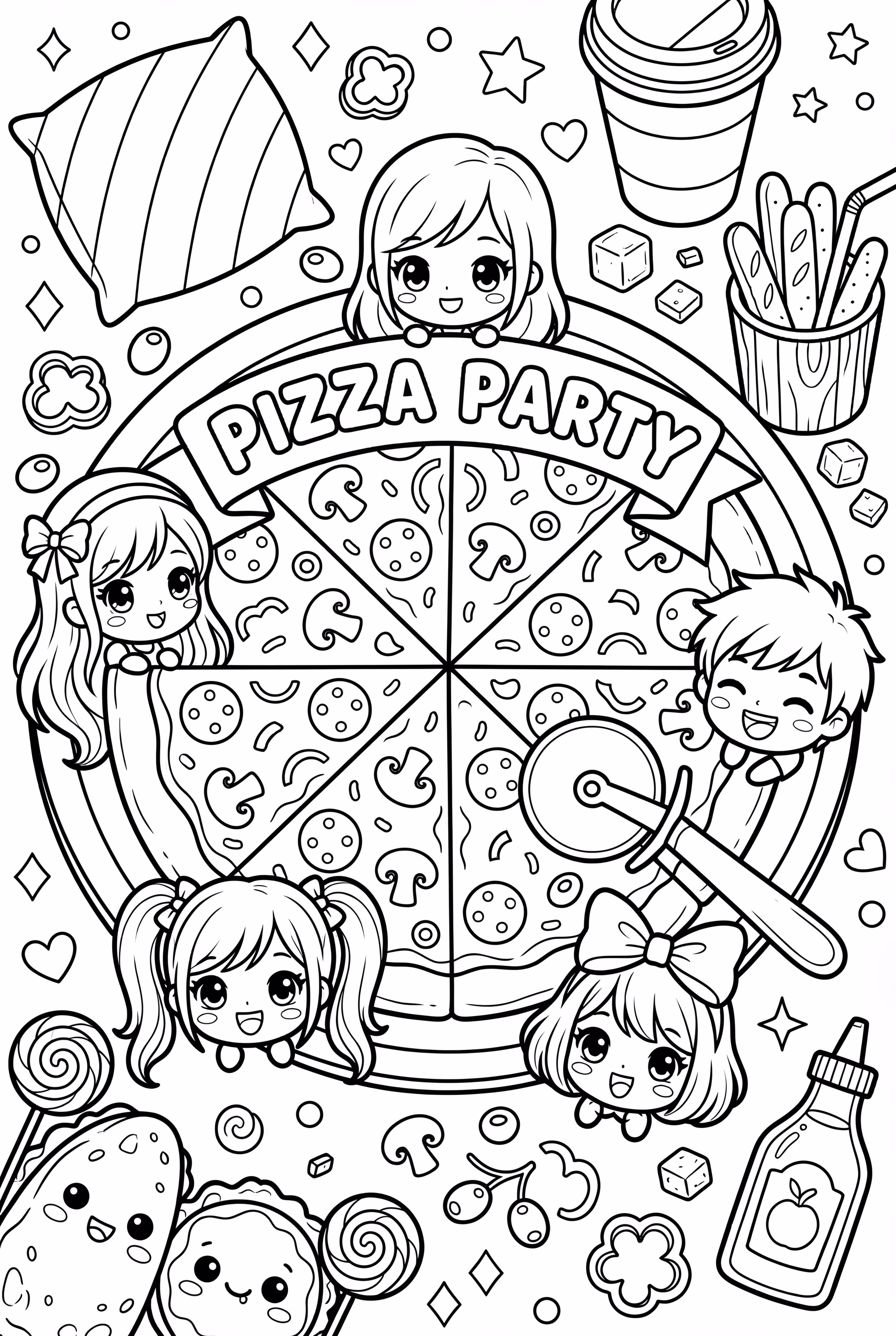 Kawaii Pizza Scene with Multiple Characters