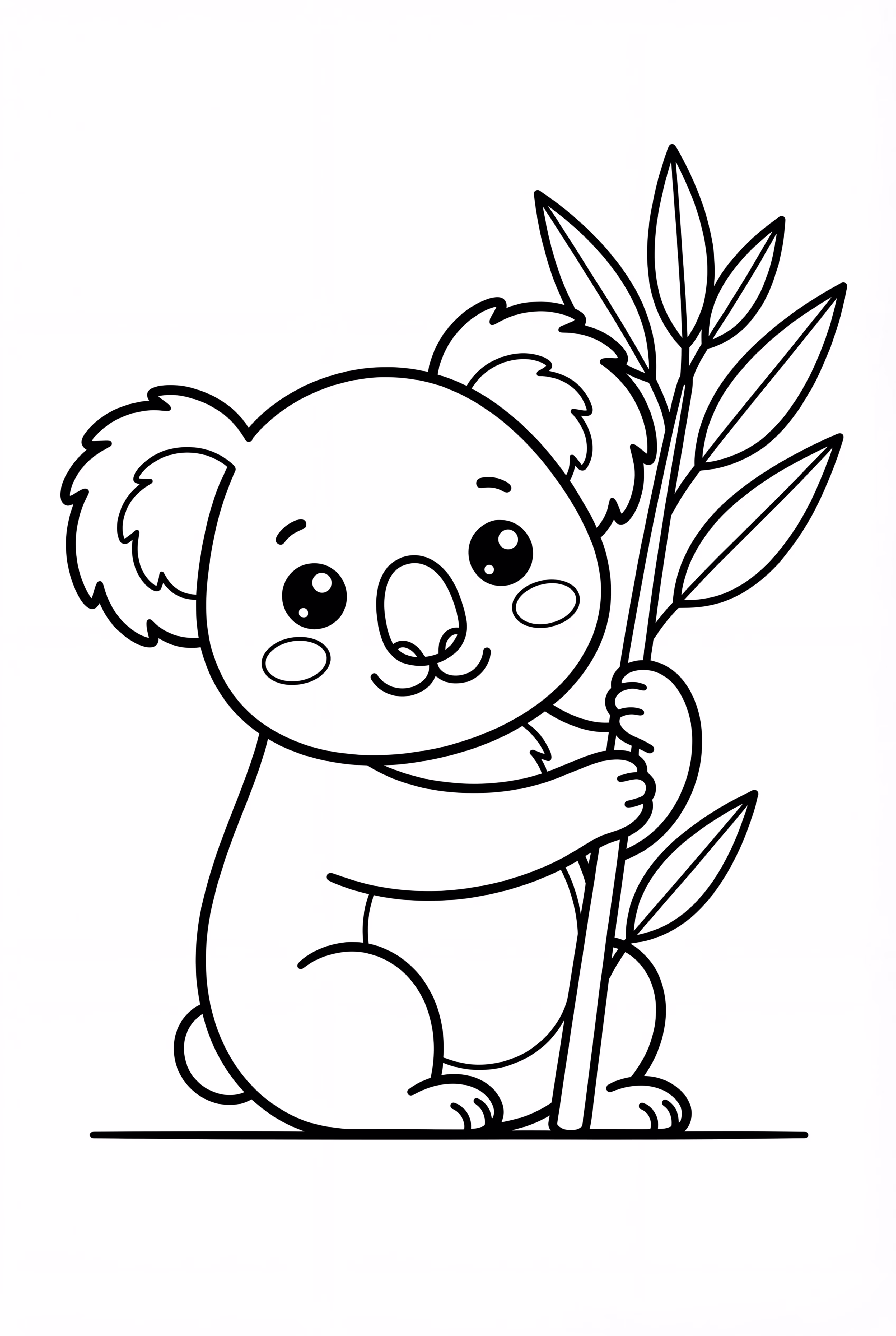 Kawaii style koala hugging eucalyptus leaves