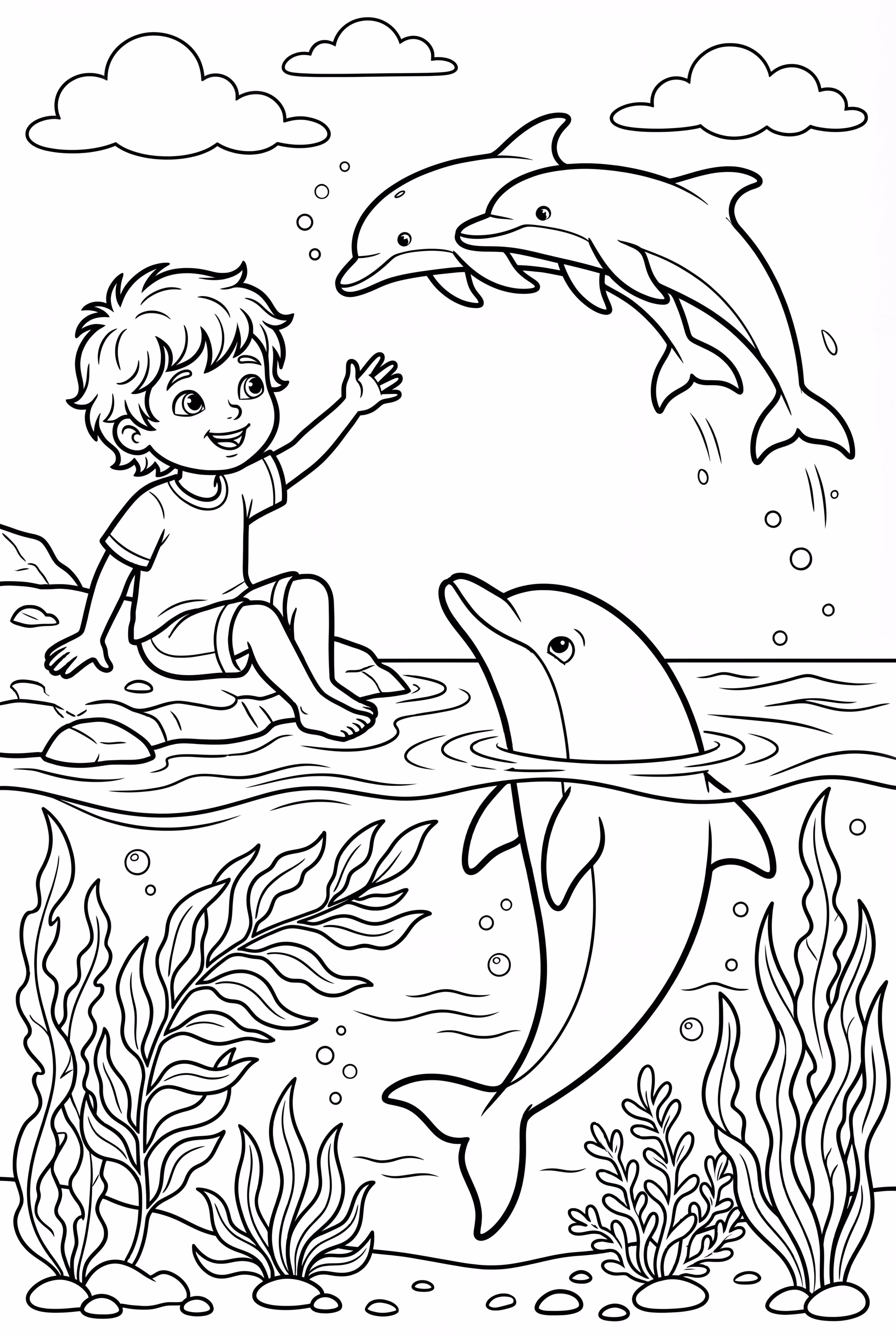 아이들과 돌고래들이 해양 보호 활동에 협력하는 모습