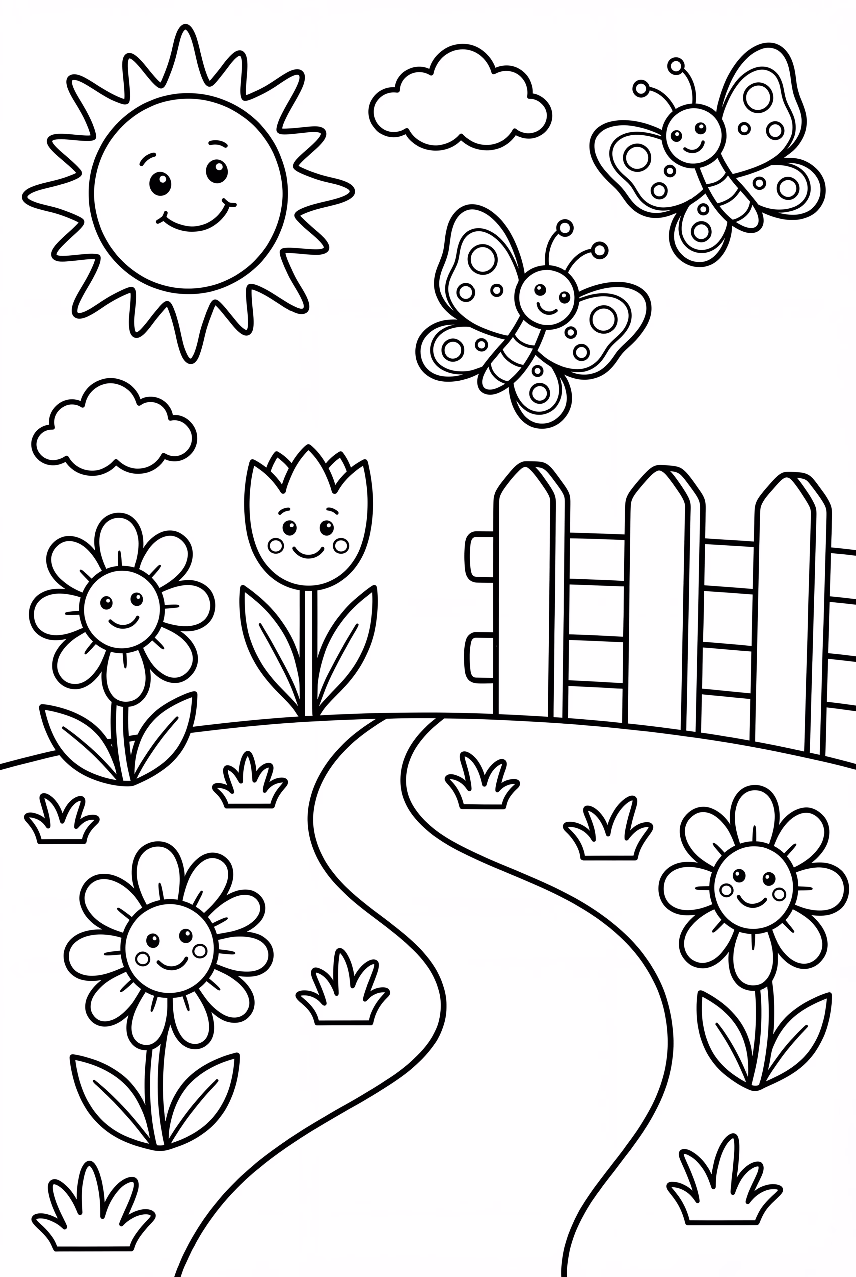 Jardin d'école maternelle avec des fleurs et des papillons