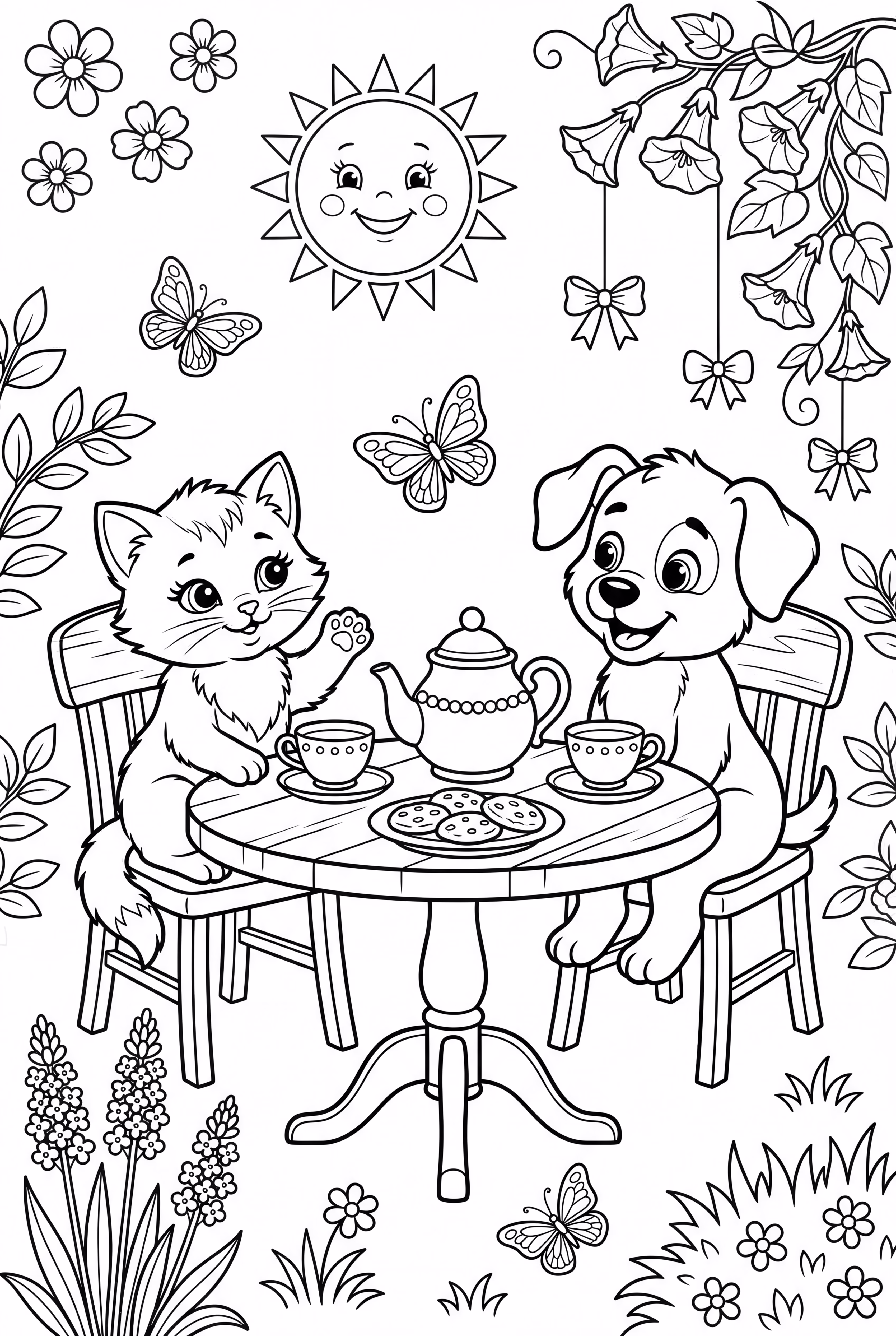 Kitten and puppy having a tea party