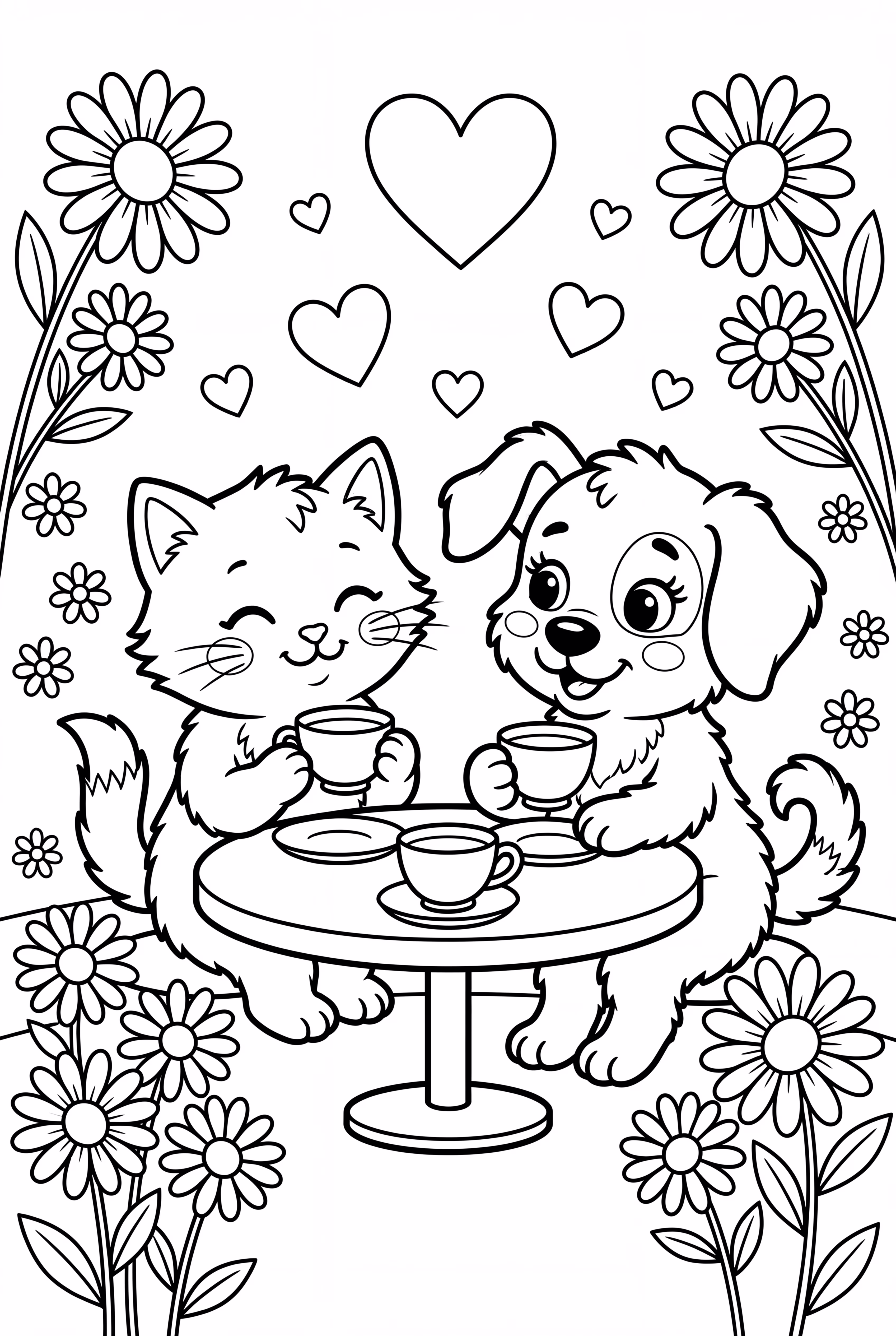 Kitten and puppy having a tea party