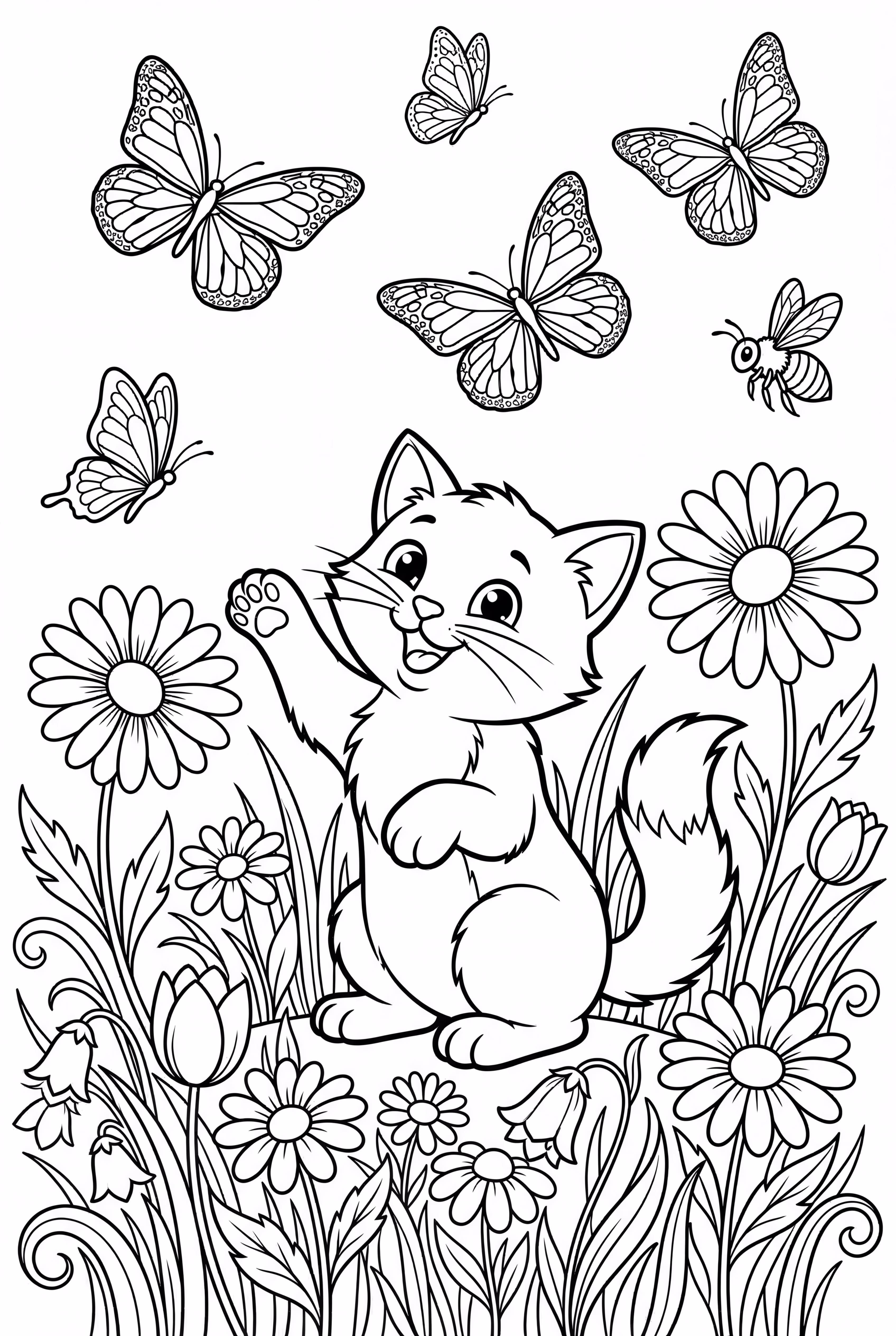 Gatito persiguiendo mariposas en un jardín