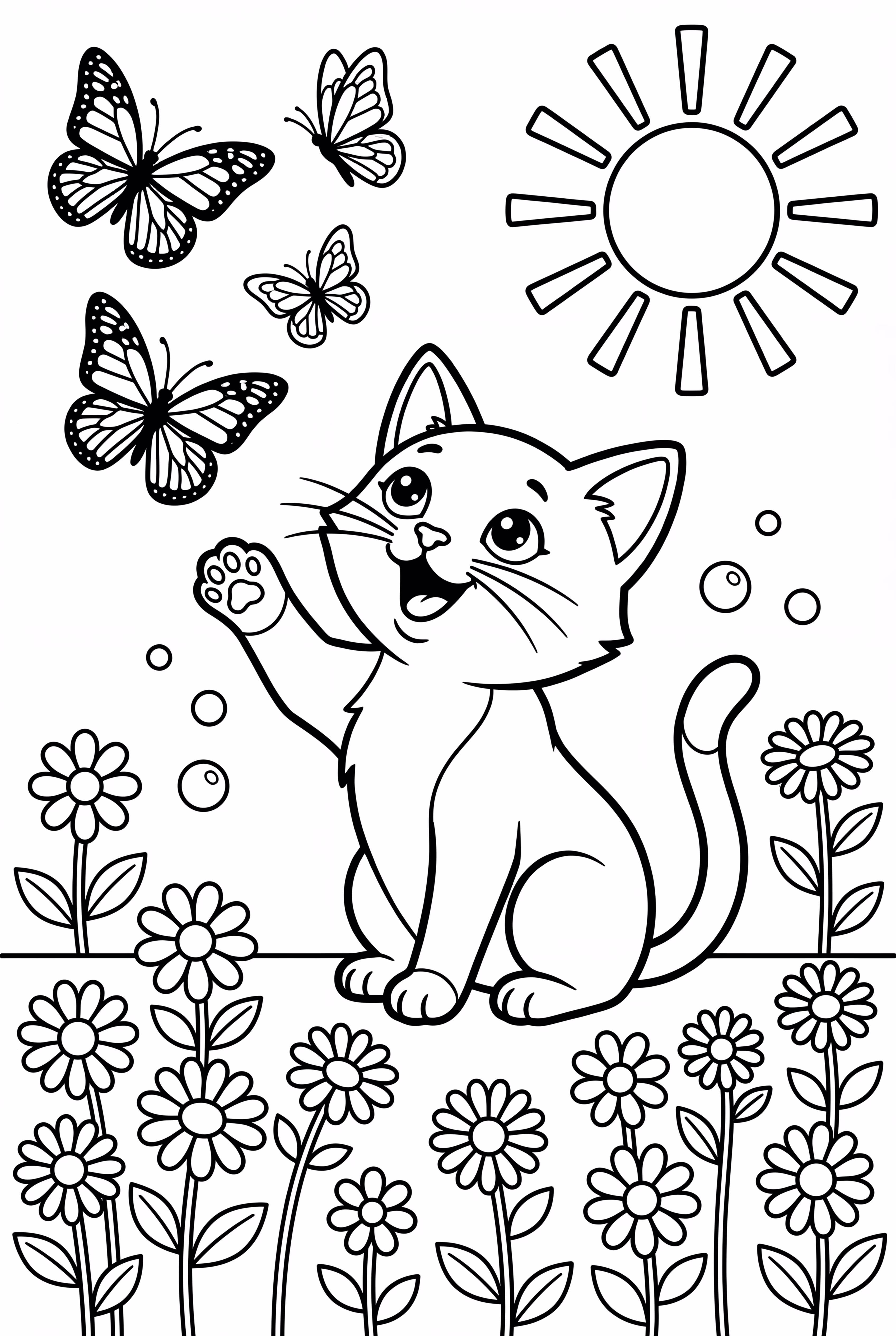 Kitten chasing butterflies in a garden