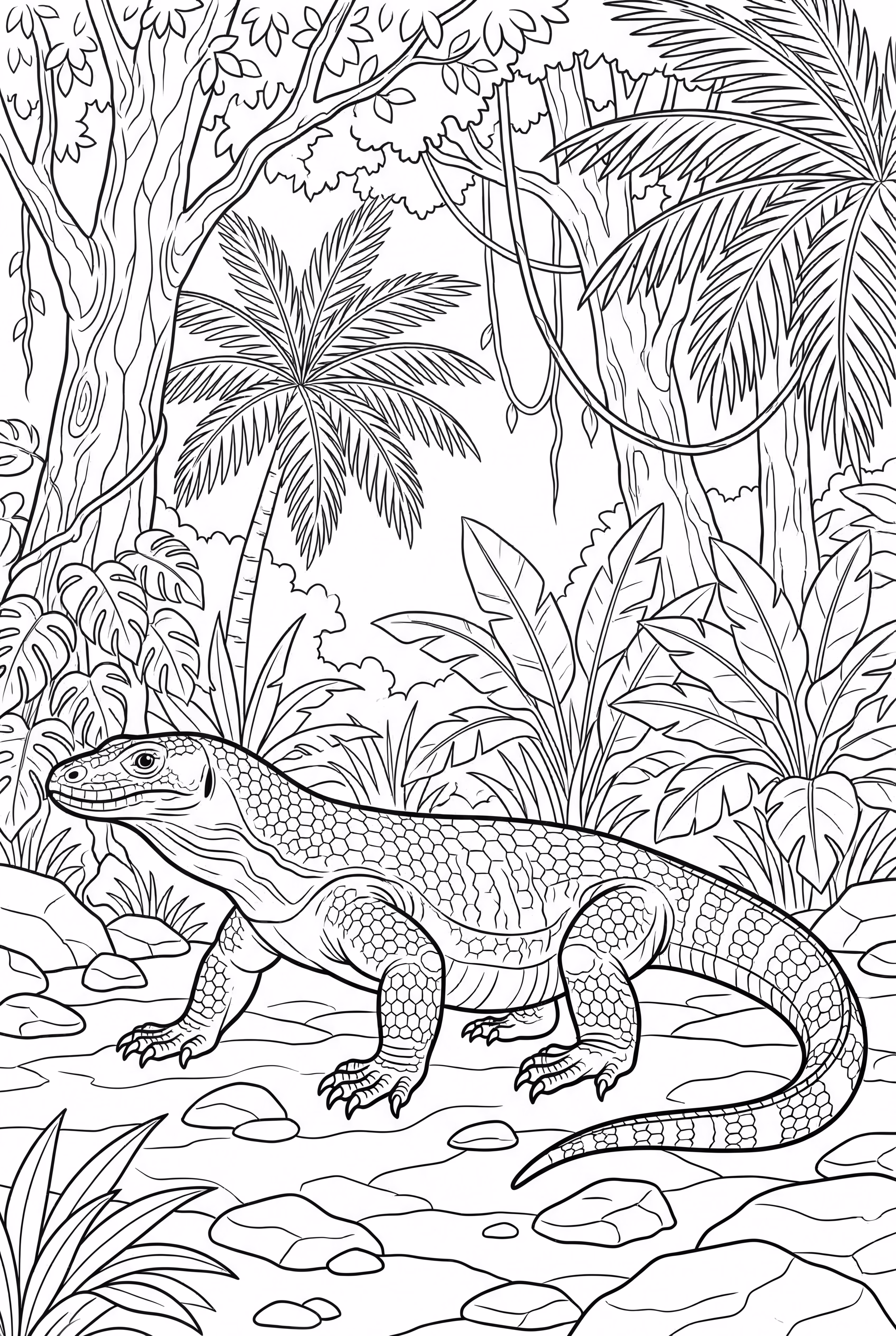 Dragon de Komodo dans une scène de jungle dense