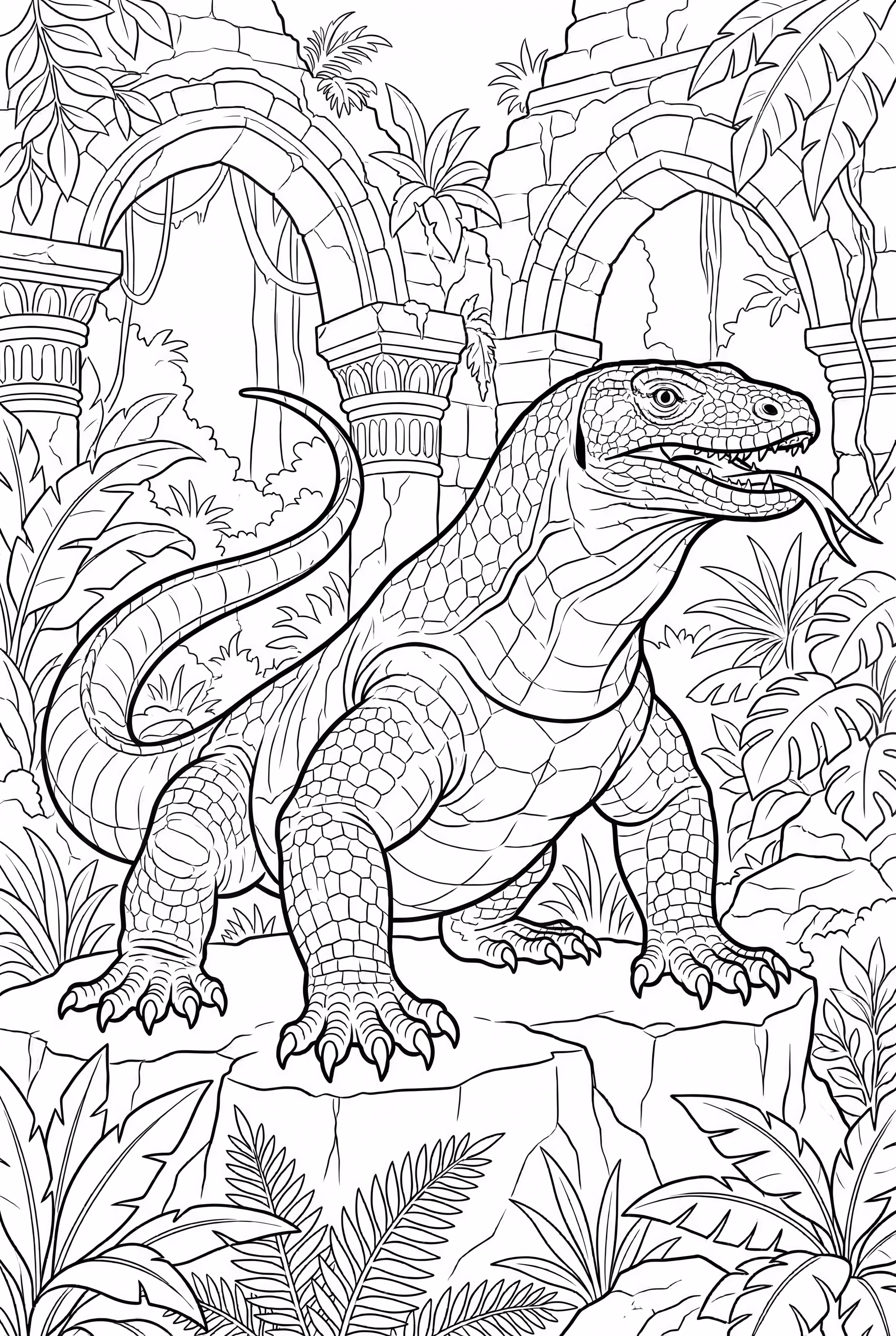 Komodo Dragon In Front Of Ancient Ruins