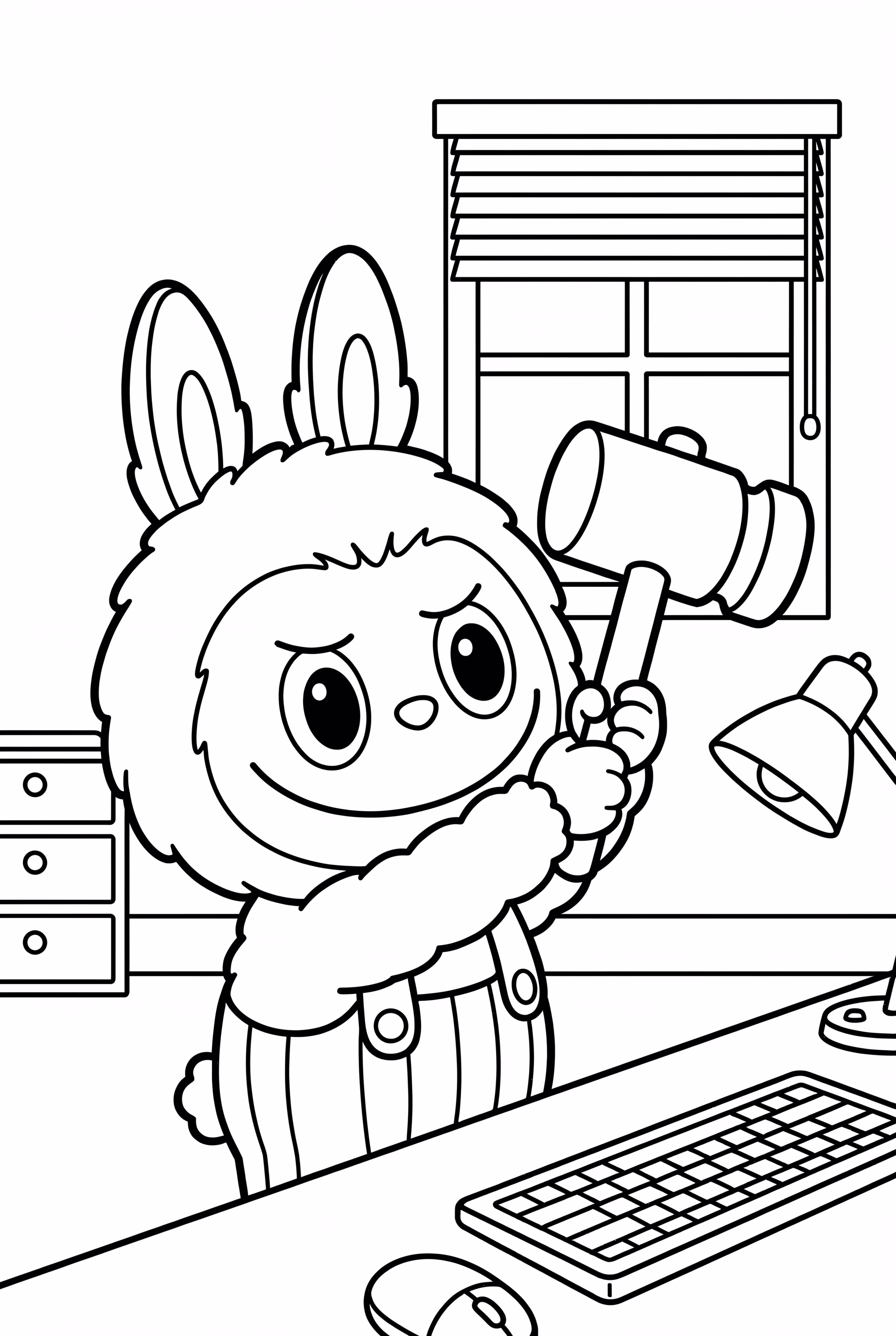 Labubu holds hammer up to desk