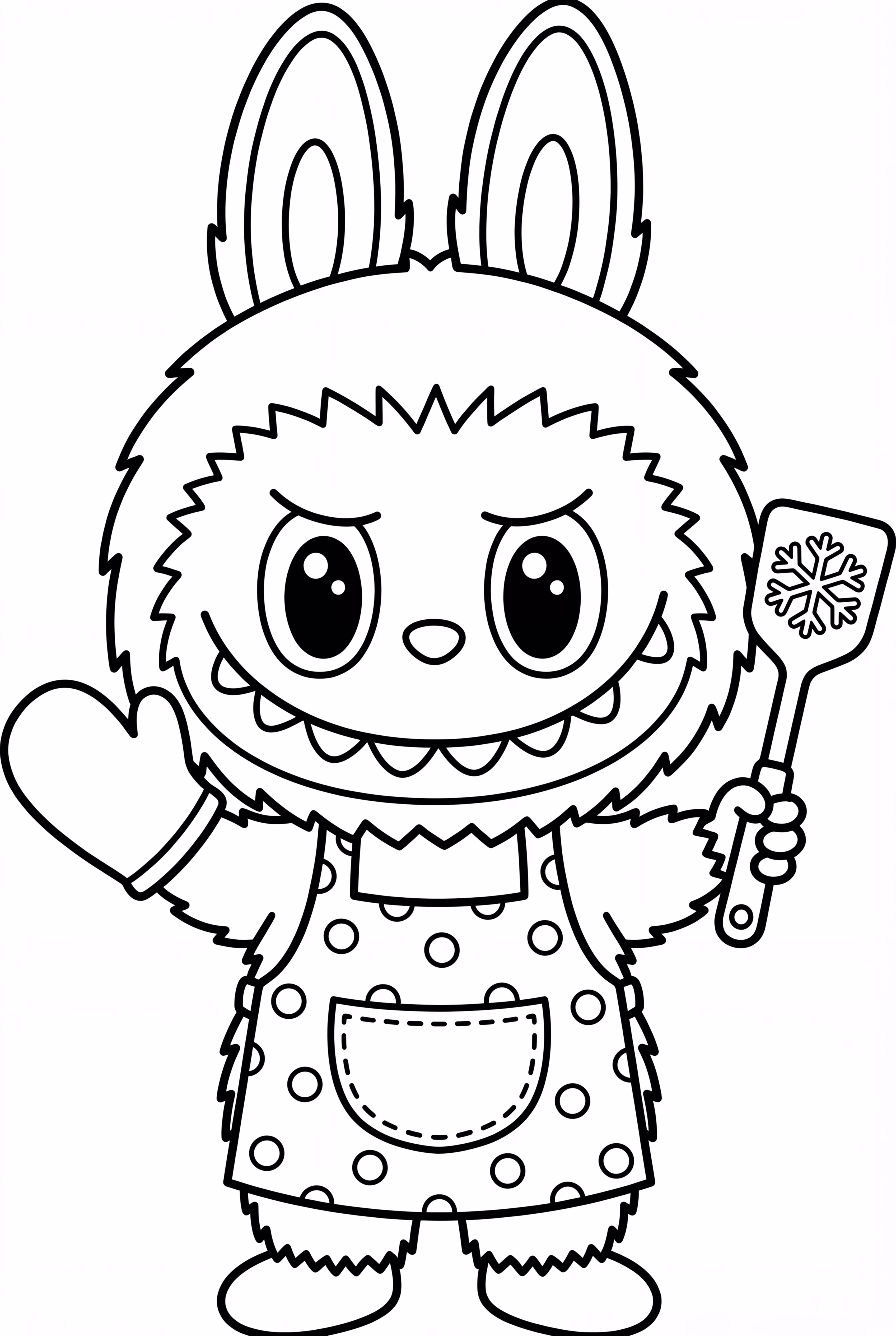 Labubu holds up the kitchen utensils