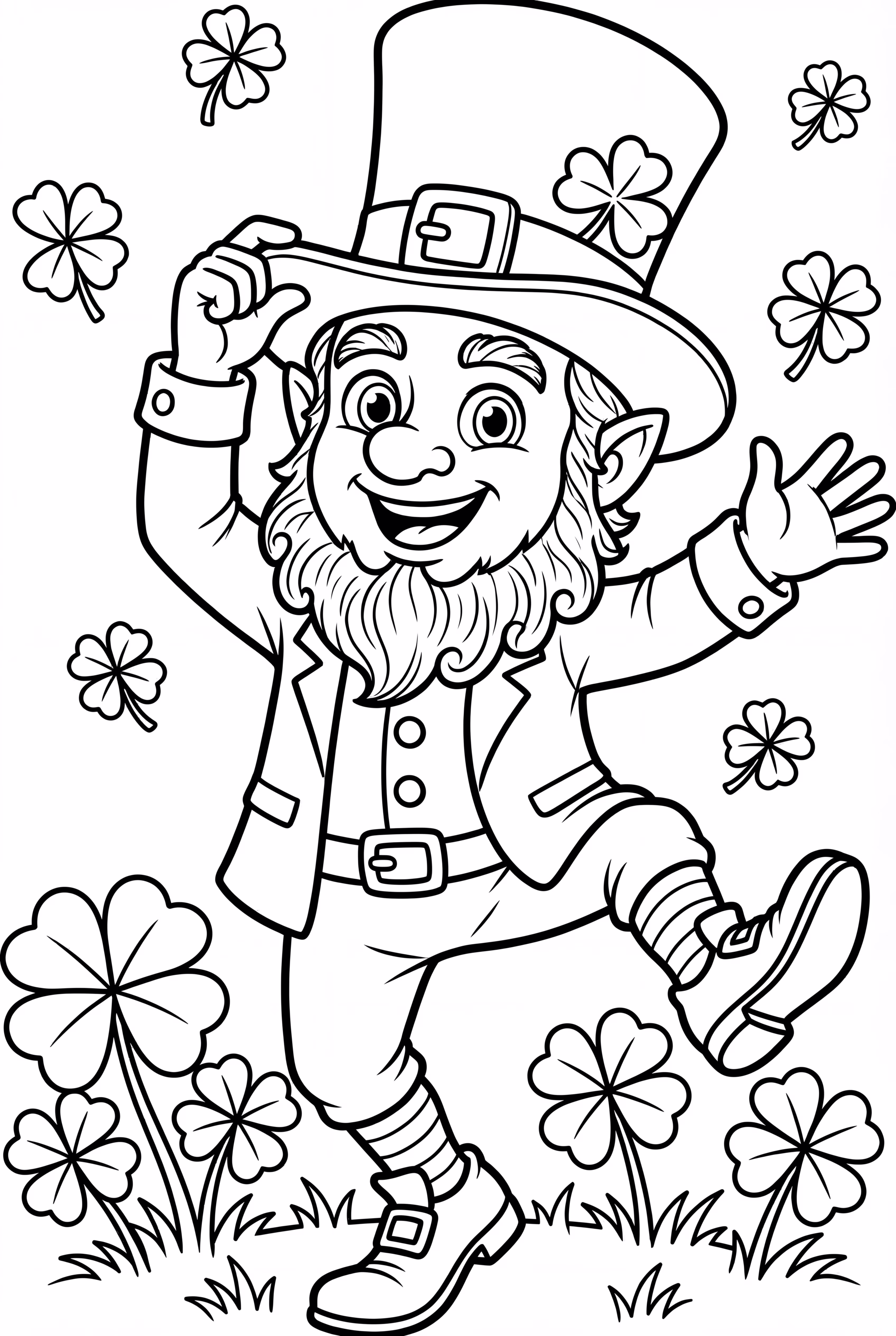 Leprechaun surrounded by four-leaf clovers