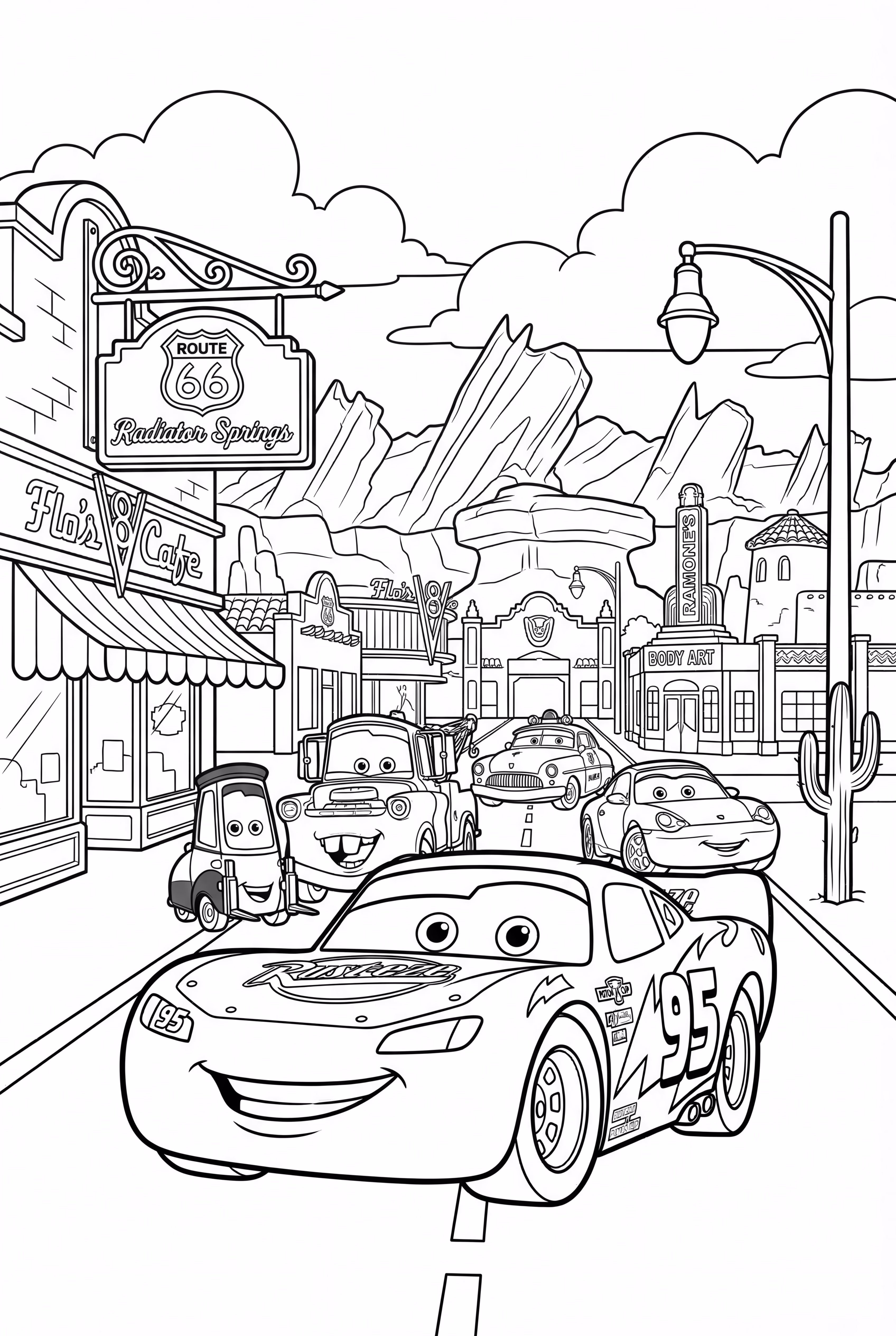 Lightning McQueen in Radiator Springs with Friends