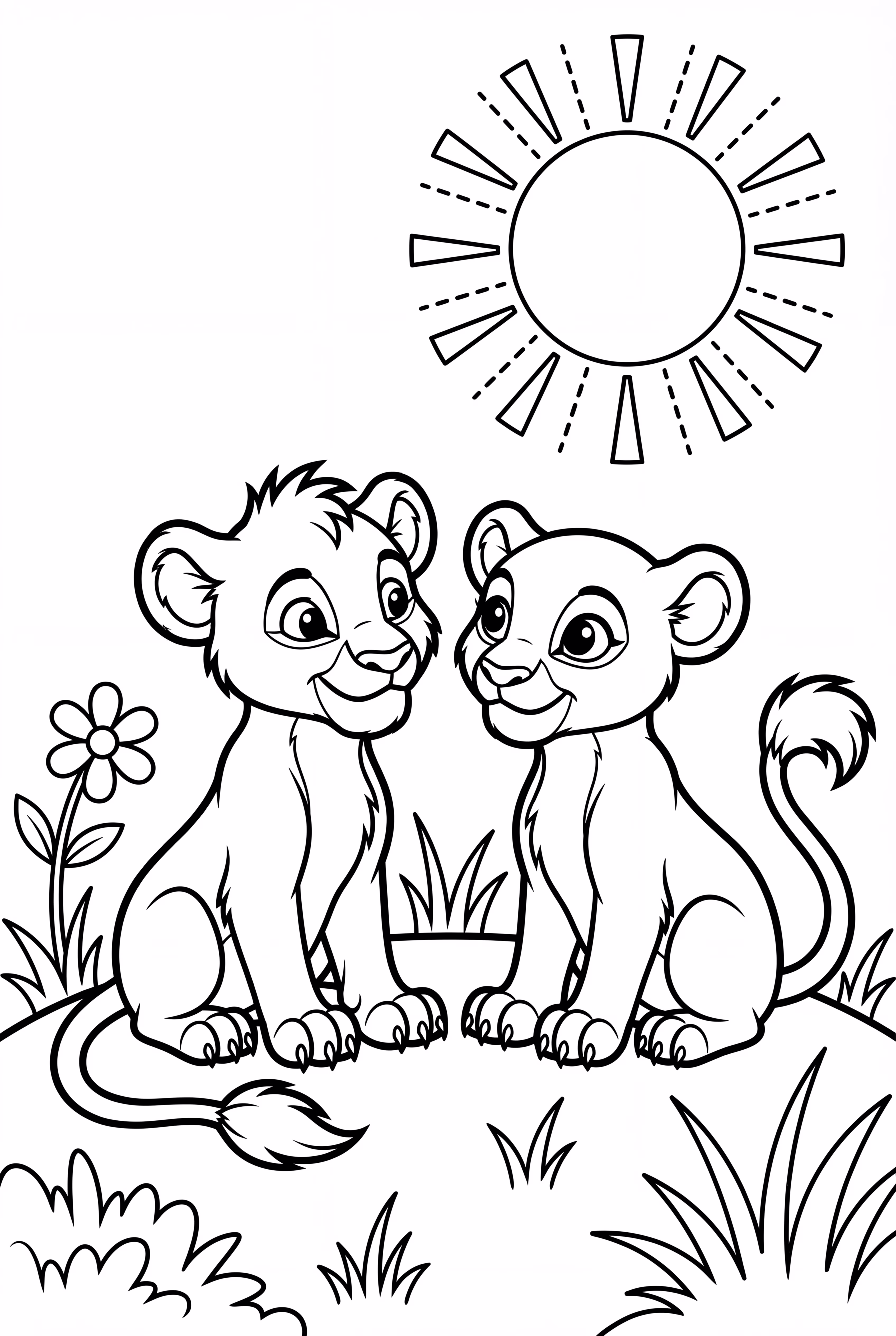 lion king simba and nala in a dramatic sunset scene