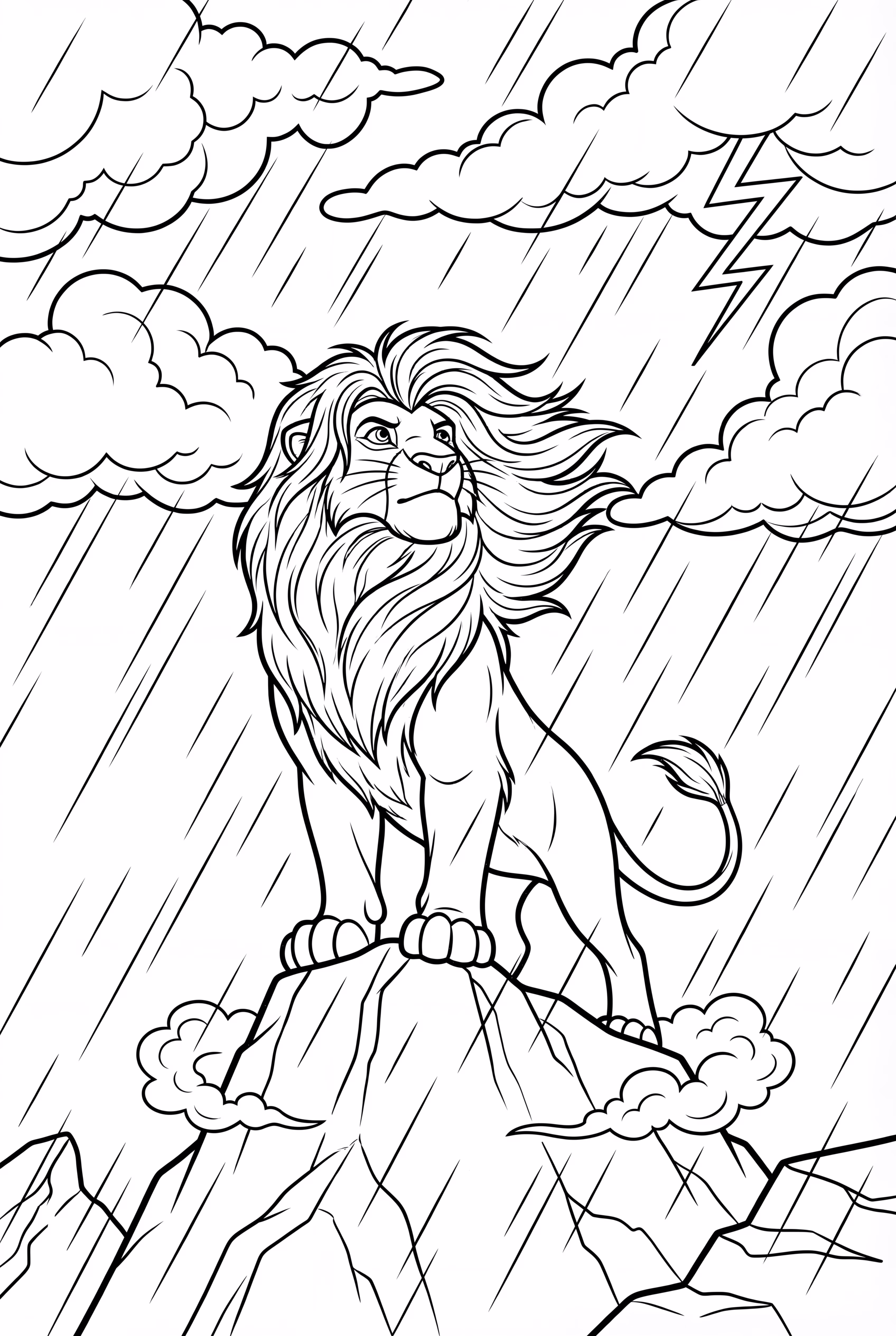 lion king simba standing on pride rock during the rain