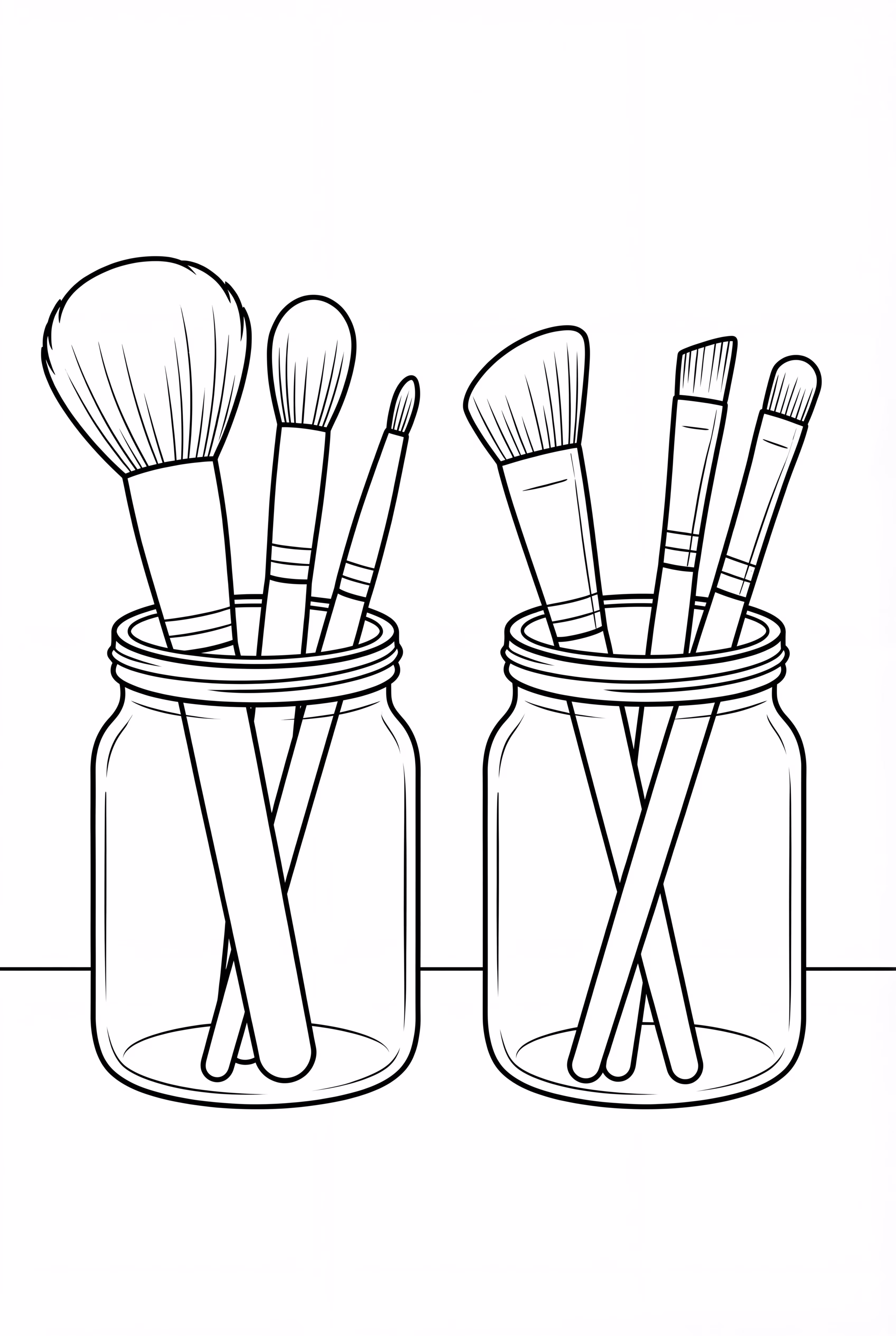 テーブルのガラスジャーに整理されたメイクアップブラシ