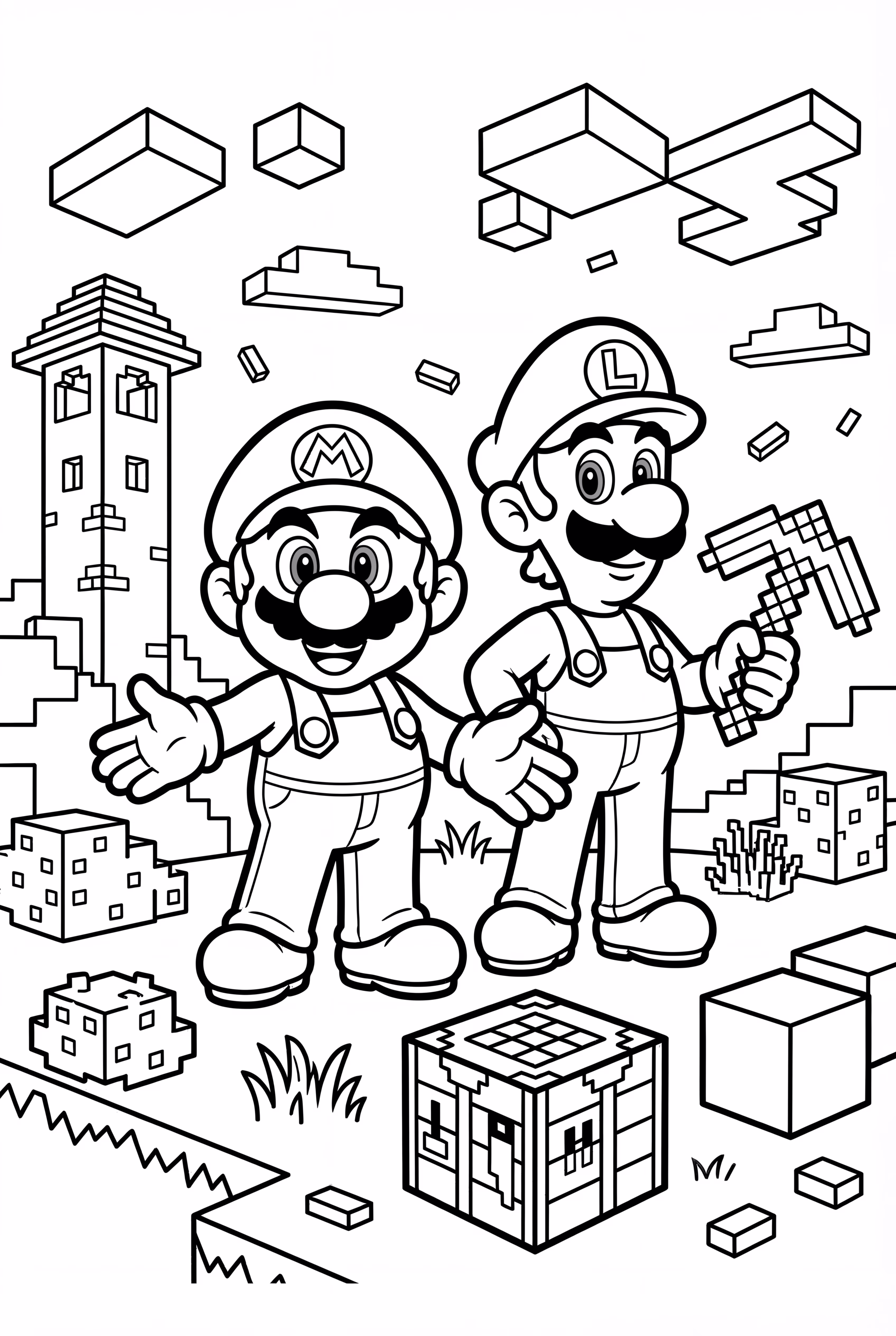 마리오와 루이지가 마인크래프트에서 영감을 받은 세계에서 노는 모습